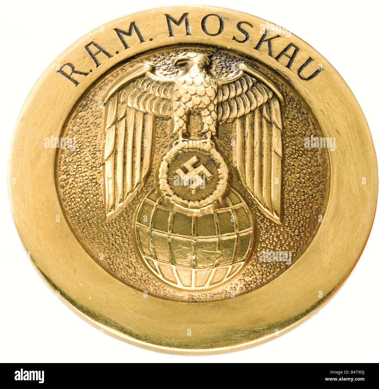 Friedrich-Werner Count von der Schulenburg - a diplomatic badge, from his time as ambassador in Moscow. Silver gilt, maker 'J. Godet & Sohn Berlin', silver hallmark '900'. On the obverse a national eagle in relief above a world globe, the edge with inscription 'R.A.M. Moskau' for the Reichs Ministry. Reverse inscription 'Botschafter GF. V.D. Schulenburg' (Ambassador Count von Schulenburg). Diameter 27 mm, 14.5 g. In an old, privately made case. Included is a 'Der Deutsche Botschafter' visiting card. historic, historical, 1930s, 1930s, 20th century, diplomacy, o, Stock Photo