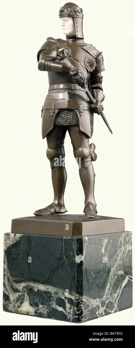 Julius Schmidt-Felling (1895 - 1930) - Knight, a bronze figure, the inset face carved ivory, first half of the 20th century. The knight is wearing late 15th century style armour and is in the process of drawing his sword. Rectangular base with bevelled edges, signed. The plinth is made of green marble. Height 36 cm. fine arts, people, 19th century, fine arts, art, statuette, figurine, figurines, statuettes, sculpture, sculptures, helmet, helmets, protection, metal, object, objects, stills, clipping, clippings, cut out, cut-out, cut-outs, man, men, male, Artist's Copyright has not to be cleared Stock Photo