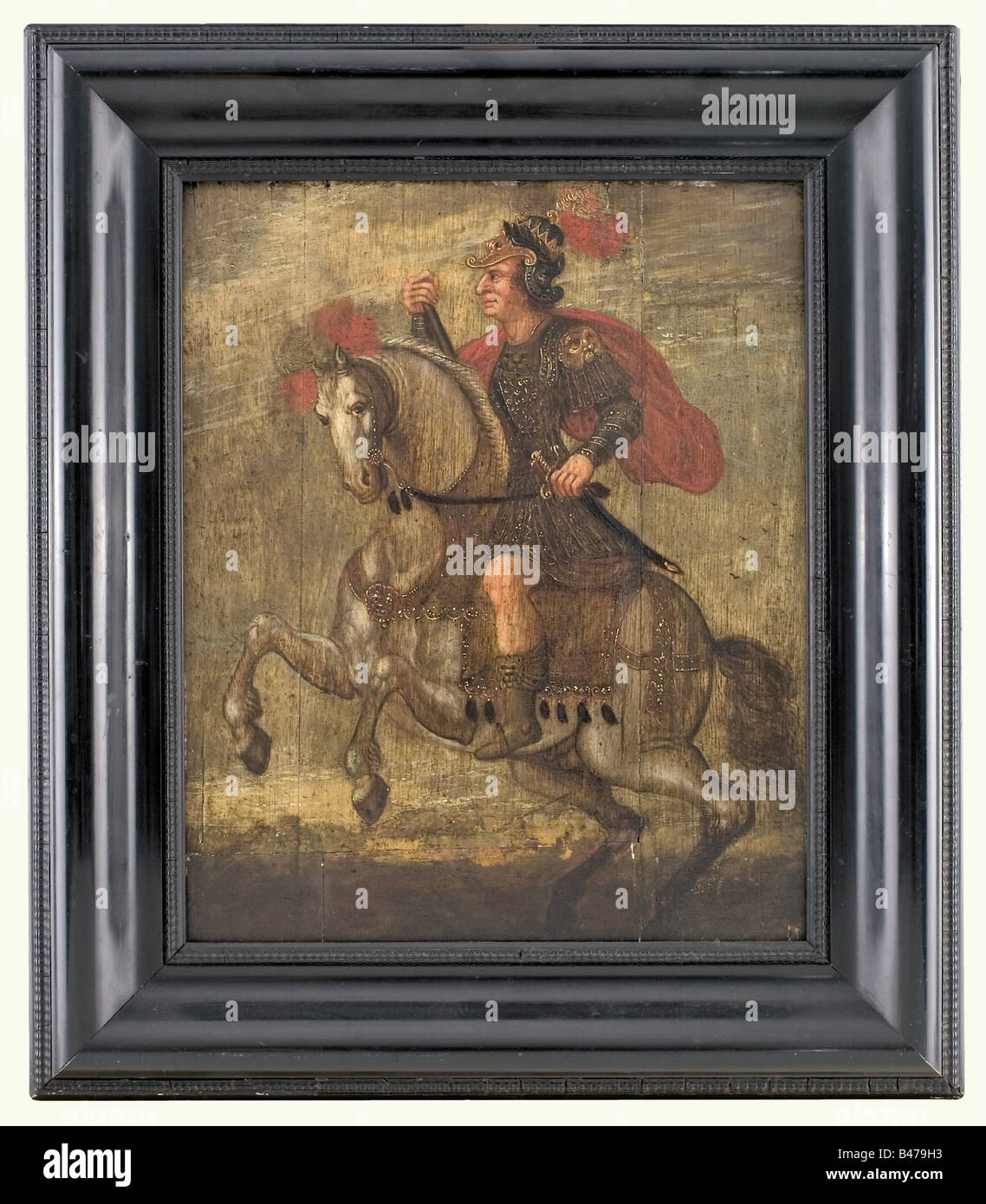 A Commander on horseback, Spain, 17th century. Oil on wood. A commander in ancient-style armour on a rearing horse in front of a suggested landscape. Restored on the upper right, parqueted. In an ebonised profile frame. Size of the panel 43 x 53 cm, framed 62 x 72 cm. Appealing portrayal of an ancient commander, probably Julius Caesar, which indicates the influence of Peter Paul Rubens. fine arts, people, 17th century, fine arts, art, painting, paintings, object, objects, stills, clipping, clippings, cut out, cut-out, cut-outs, man, men, male, Artist's Copyright has not to be cleared Stock Photo