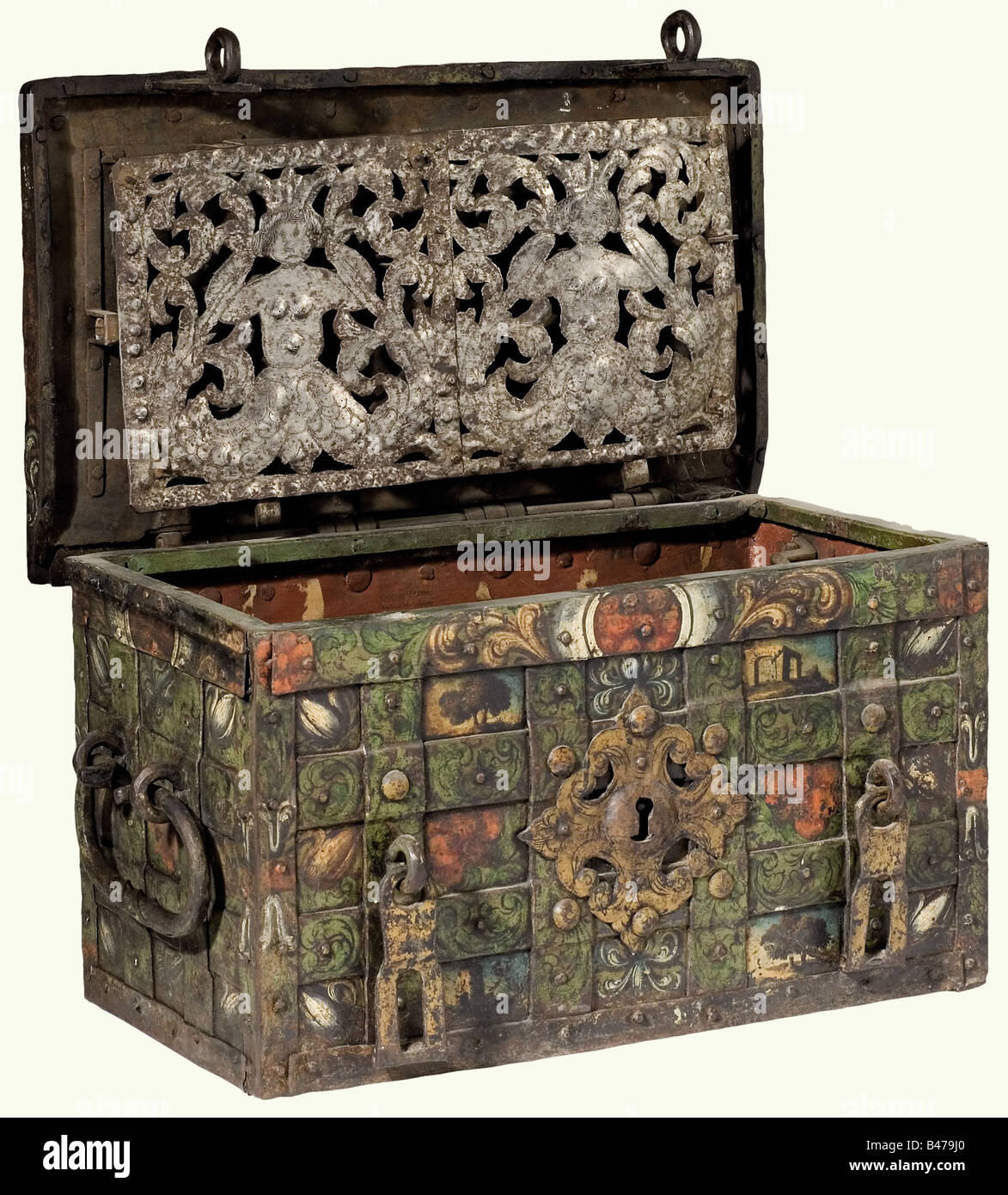 A strongbox painted in colour, German, 2nd half of the 17th century. Rectangular trunk with crossed and riveted strap reinforcements. Lid with central keyhole, movable cover. False lock on the front with openwork and embossed escutcheon, two hasps. Two movable carrying handles on the sides. Original colour painting on front and sides with small landscape vistas amid vines and scrollwork. There is a lock mechanism with six tumblers in the lid, lock cover with rich openwork and engraved decoration showing two Nereids. Iron key with hollow shank. Dimensions 37 x 7, Stock Photo