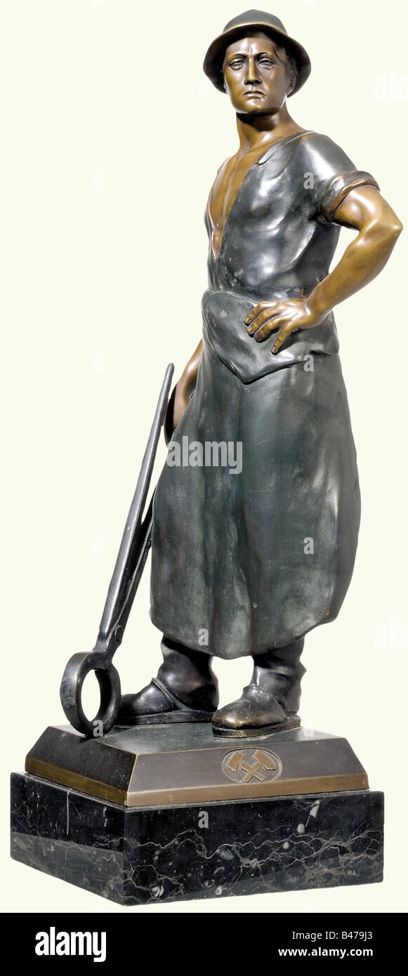 'Steelworker', an unsigned bronze sculpture, ca. 1920/1930. Two-tone patinated bronze of an athletic worker with helmet, apron and large tongs. The plinth with mining symbols on the side, on a black marble base. Height 52 cm, with base 58 cm. fine arts, people, 1920s, 1930s, 20th century, 20th century, fine arts, art, statuette, figurine, figurines, statuettes, sculpture, sculptures, object, objects, stills, clipping, clippings, cut out, cut-out, cut-outs, Additional-Rights-Clearance-Info-Not-Available Stock Photo