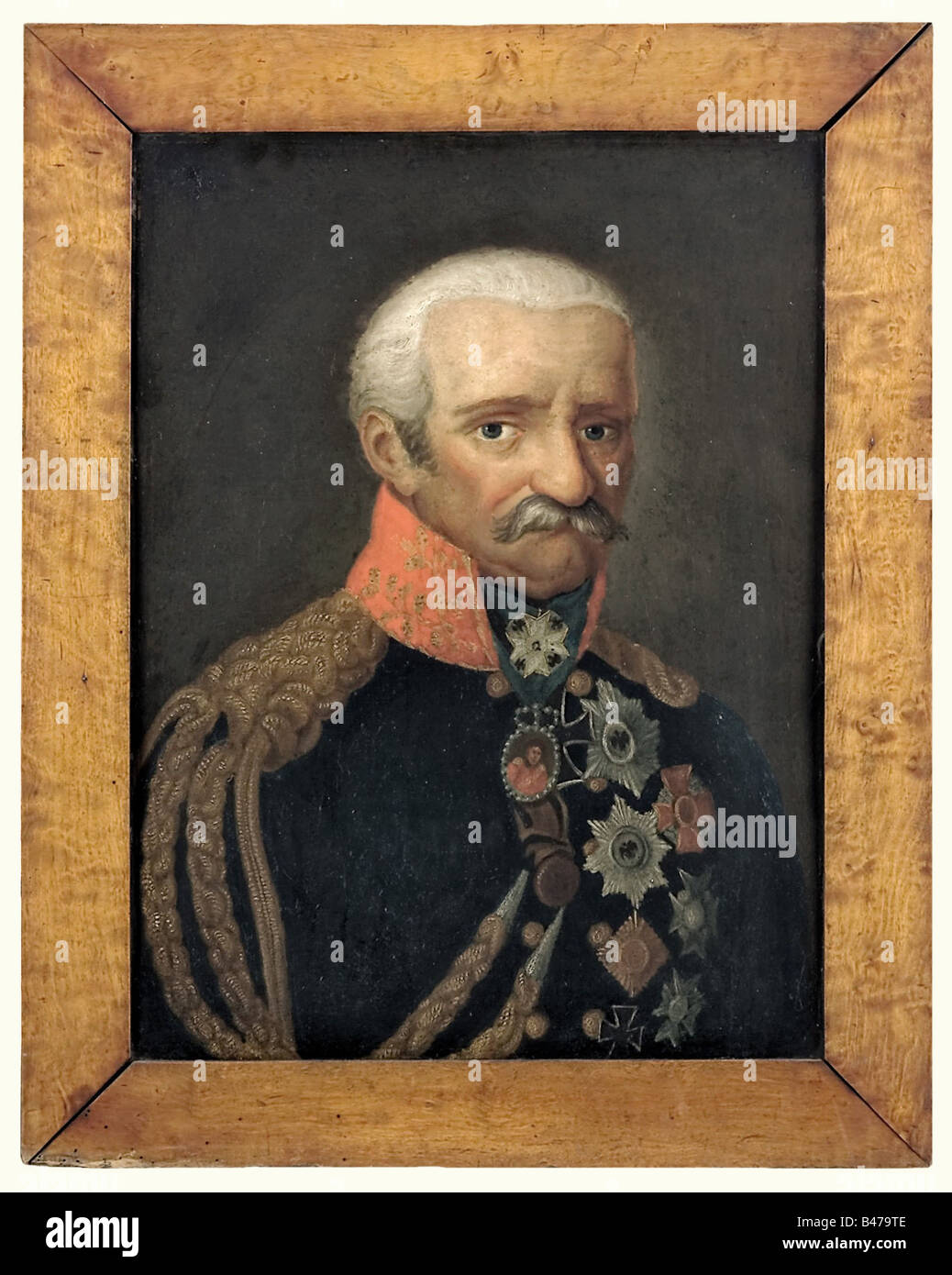 Gebhard Leberecht von Blücher, Count of Wahlstatt, a portrait, 1st quarter of the 19th century Oil on wood. The field marshal wearing a uniform adorned with all his military decorations and facing the observer. In a beautiful, contemporary frame. Size of the picture 44 x 60 cm, framed 57 x 72 cm. An affectionate portrait of one of the most famous field marshals in German military history. The naive painting style vividly illustrates the strong admiration for this man, which was already shown to him in his lifetime. people, 19th century, Prussian, Prussia, Germa, Stock Photo
