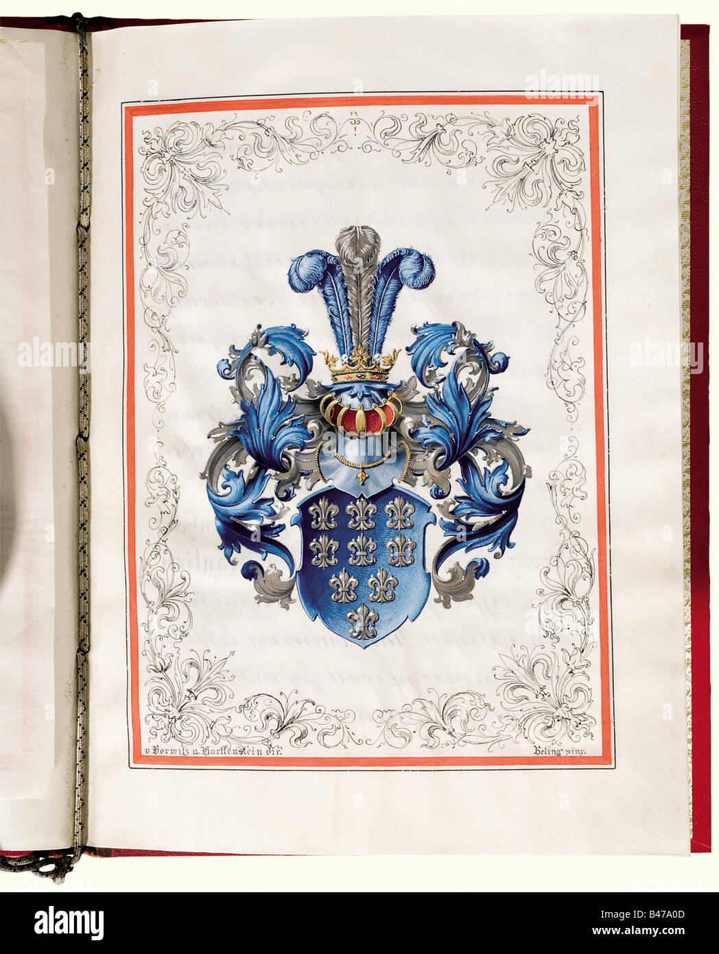 A patent of nobility for Major von Beaulieu, Kaiser Wilhelm II, granted on 18 September 1898 Parchment document with eight pages of outstanding calligraphy with hand-painted, multi-coloured coat of arms, and the Kaiser's original signature. In a red, gold-stamped, leather binding. Attached seal case, decorated in relief, on a cord interwoven with black. Seal case has traces of age and slight corrosion. Bernhard Georg Maximilian Plato von Beaulieu was a major in the Infantry Regiment Herwarth von Bittenfeld (1st Westphalian) No. 13. fine arts, 19th cen, Artist's Copyright has not to be cleared Stock Photo