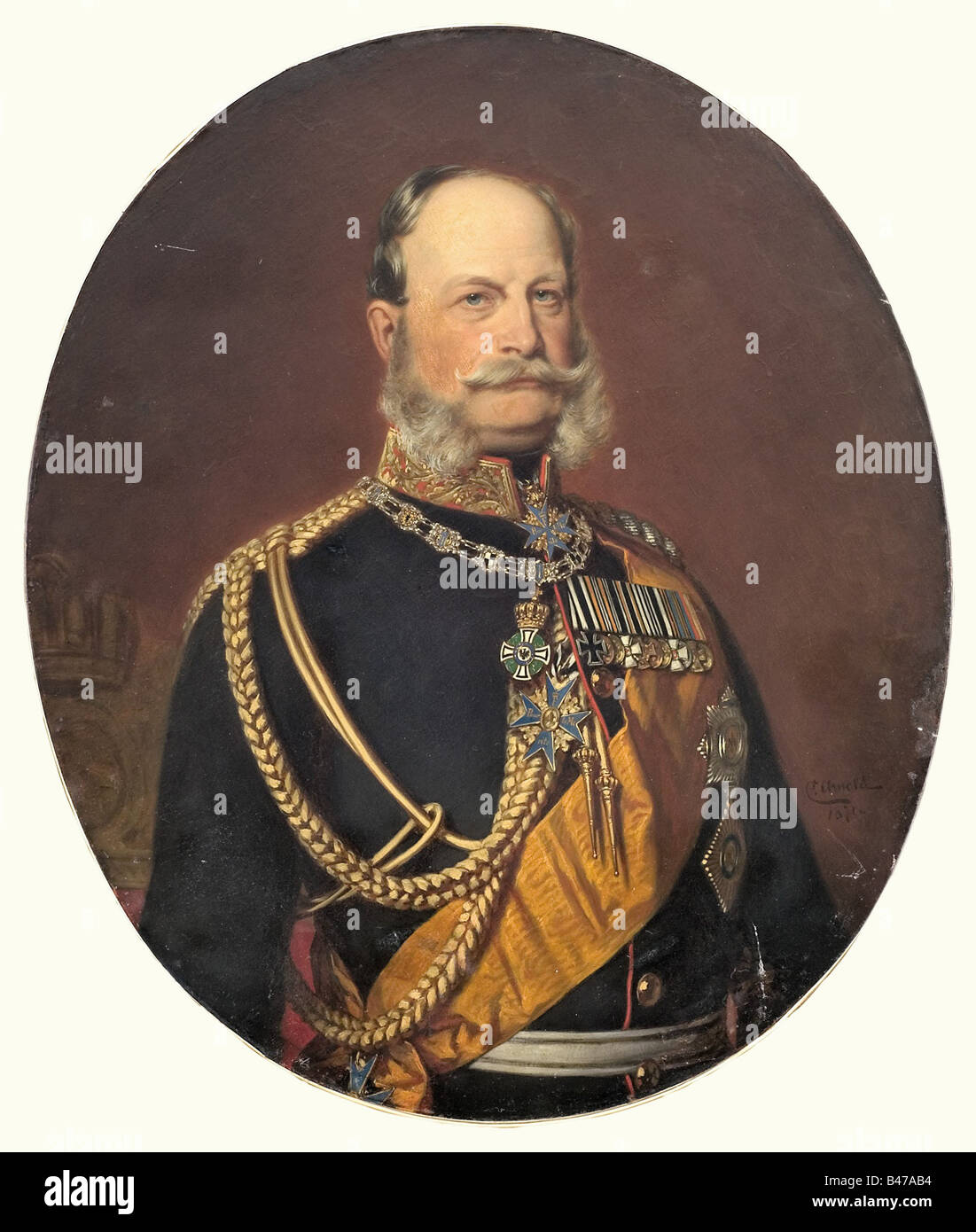 Kaiser Wilhelm I, a portrait by Carl Arnold, dated 1871 Oil on canvas, relined. The Kaiser in a general's uniform adorned with medals, facing the spectator. In the background a suggested architectural scenery. High oval stretcher frame with metal border bead and brocade braid. Four small restorations, traces of restoration on the right cheek. 90 x 76 cm. Arnold (1829 - 1916) studied under Menzel in Berlin, as well as in Kassel and Antwerp. There is another portrait by the artist showing the Kaiser in his coronation coat, which must have been painted at the same, Stock Photo