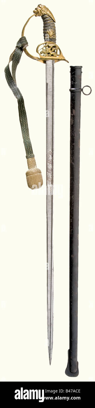 An infantry officer's sword, Bavarian model A straight, single-edged reinforced blade of watered steel with yelmen. Etched with 'In Treue fest' (Firm in loyalty), on both sides of the blade, with ' Gwinner s./l. Tandern 1895' below it on the obverse side. Gold-plated brass hilt with a folding guard plate. Lion's head pommel and sharkskin grip cover with silver wire wrapping, superimposed with the Bavarian coat of arms. There is a green leather sword knot attached, which does not belong to the sword. Black lacquered, metal scabbard with a fixed suspension ring a, Stock Photo
