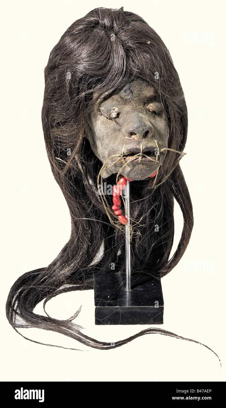 A tsantsa (shrunken head), of the Jivaro Indians, circa 1910 South America, Upper Amazon Region. Long black hair, eyes and mouth sewn shut, the thread missing in places. Attached red necklace(?). On a metal support with socket. Contrary to the widely held belief that tsantsas were valued as trophies, these heads were kept out of fear and respect for the spirits of the killed enemies, whose spirits of revenge were kept captive by their heads being sewn shut. historic, historical, 1910s, 20th century, American, America, ethnology, ethnicity, ethnic, object, objec, Stock Photo