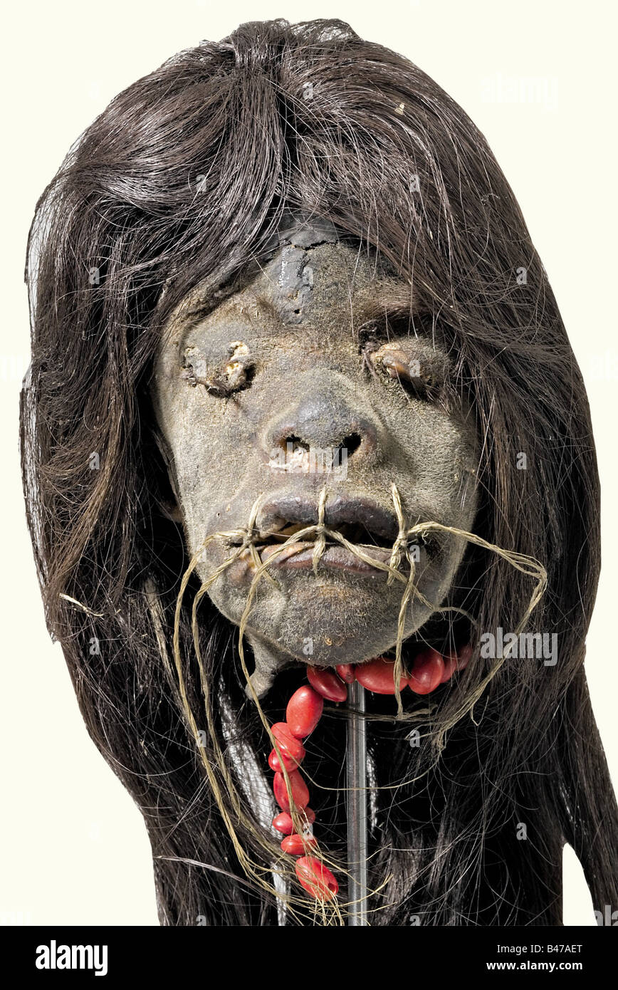 A tsantsa (shrunken head), of the Jivaro Indians, circa 1910 South America, Upper Amazon Region. Long black hair, eyes and mouth sewn shut, the thread missing in places. Attached red necklace(?). On a metal support with socket. Contrary to the widely held belief that tsantsas were valued as trophies, these heads were kept out of fear and respect for the spirits of the killed enemies, whose spirits of revenge were kept captive by their heads being sewn shut. historic, historical, 1910s, 20th century, American, America, ethnology, ethnicity, ethnic, object, objec, Stock Photo