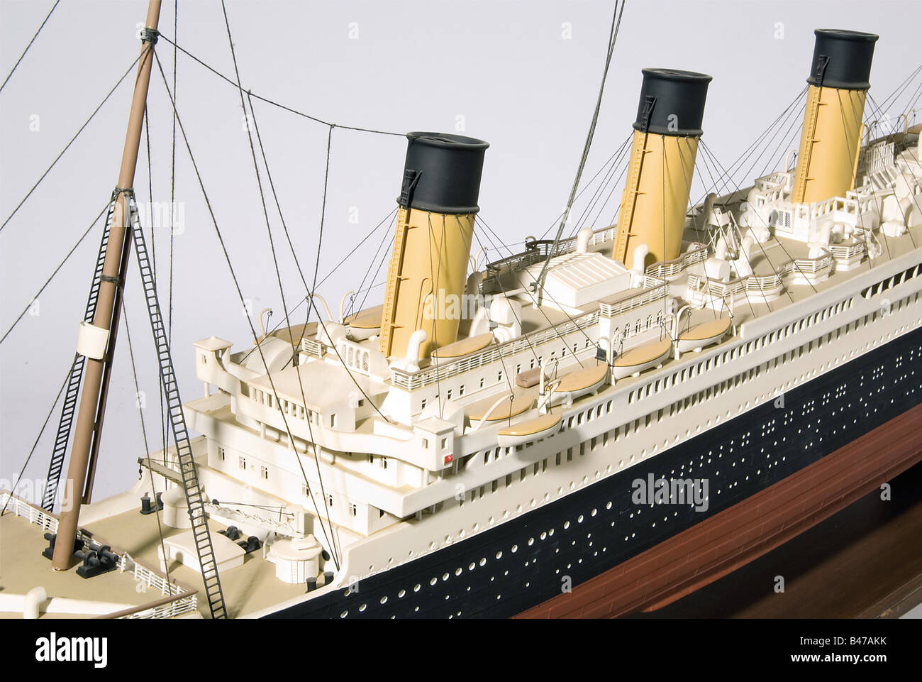 'RMS Titanic', a passenger ship of the White Star Line A highly detailed, fully rigged plastic model on a wooden stand. Length ca. 185 cm. Width 20 cm. Height ca. 65 cm. The keel of the Titanic was laid at Harland & Wolff in Belfast in 1909 and the ship was launched on 31 May 1911. The Titanic, which was considered unsinkable, became famous for its collision with an iceberg during the night of 14 to 15 April and its subsequent loss with 1504 of the 2208 people on board. historic, historical, 1900s, 1910s, 20th century, transport, transportation, object, objects, Stock Photo