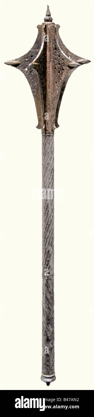 A Gothic mace, German, circa 1520 The copper-soldered head has six