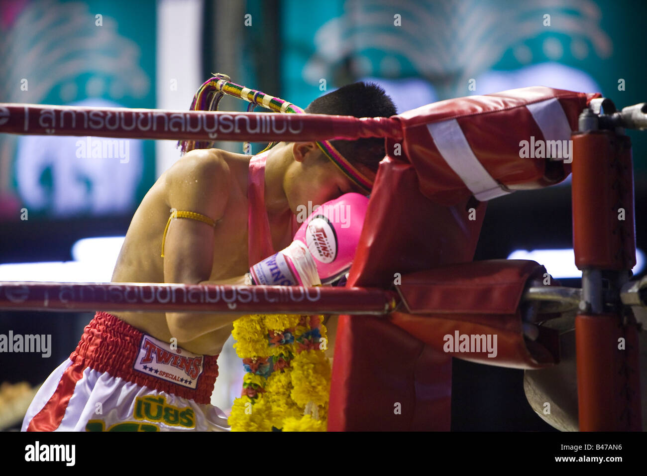 A Thai boxer praying Thai Boxing Lumpinee Stadium Bangkok Thailand Stock Photo