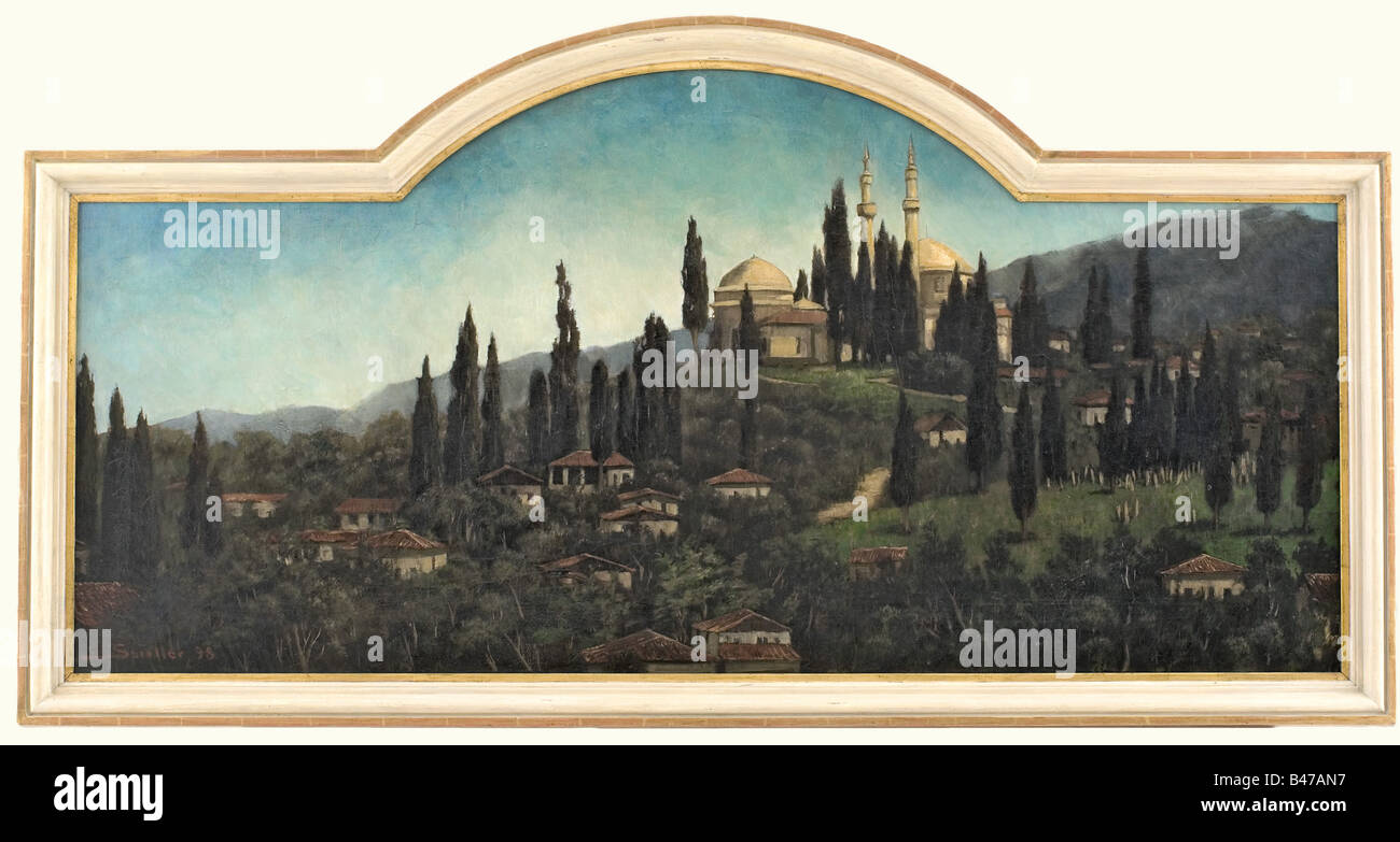 A landscape with mosque, dated 1898 Oil on canvas. In the foreground houses in a tree-covered hill landscape and a graveyard, behind it a mosque on a hill, mountains in the far background. Signed and dated on the lower left 'Carl Spielter 98'. In a white lacquered and gilt trim frame. Size of the picture 129 x 68 cm, framed 148 x 78 cm. fine arts, 19th century, fine arts, art, painting, paintings, object, objects, stills, clipping, clippings, cut out, cut-out, cut-outs, Artist's Copyright has not to be cleared Stock Photo