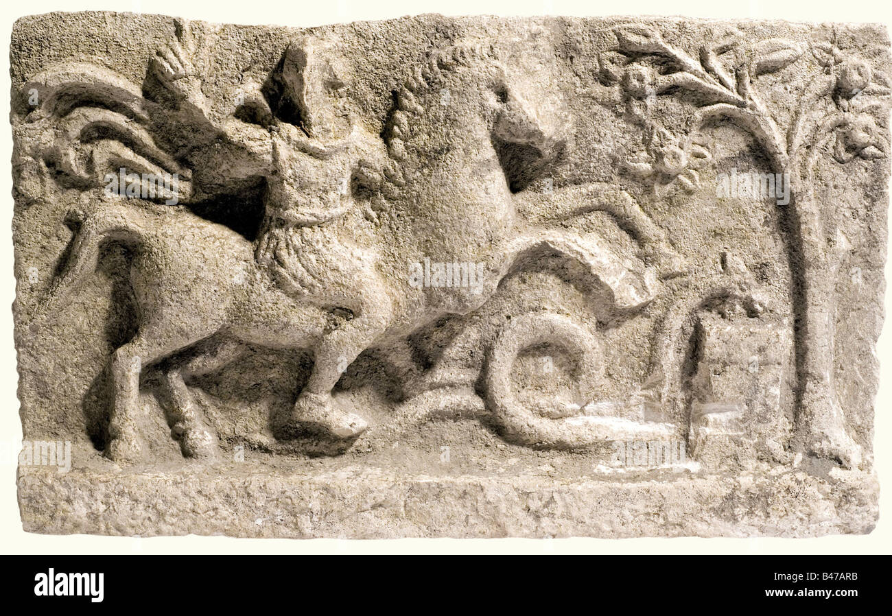 An Apollo marble relief, Roman, 2nd-3rd century A.D. Apollo on horseback beside Aesculapian snake and altar, the tree on the side with blossom-covered branches. In uncleaned find condition with some bumps and scratches. Size 38 x 23 cm. Weight 9 kg. historic, historical, ancient world, ancient world, ancient times, object, objects, stills, clipping, cut out, cut-out, cut-outs, fine arts, art, art object, art objects, artful, precious, collectible, collector's item, collectibles, collector's items, rarity, rarities, Stock Photo