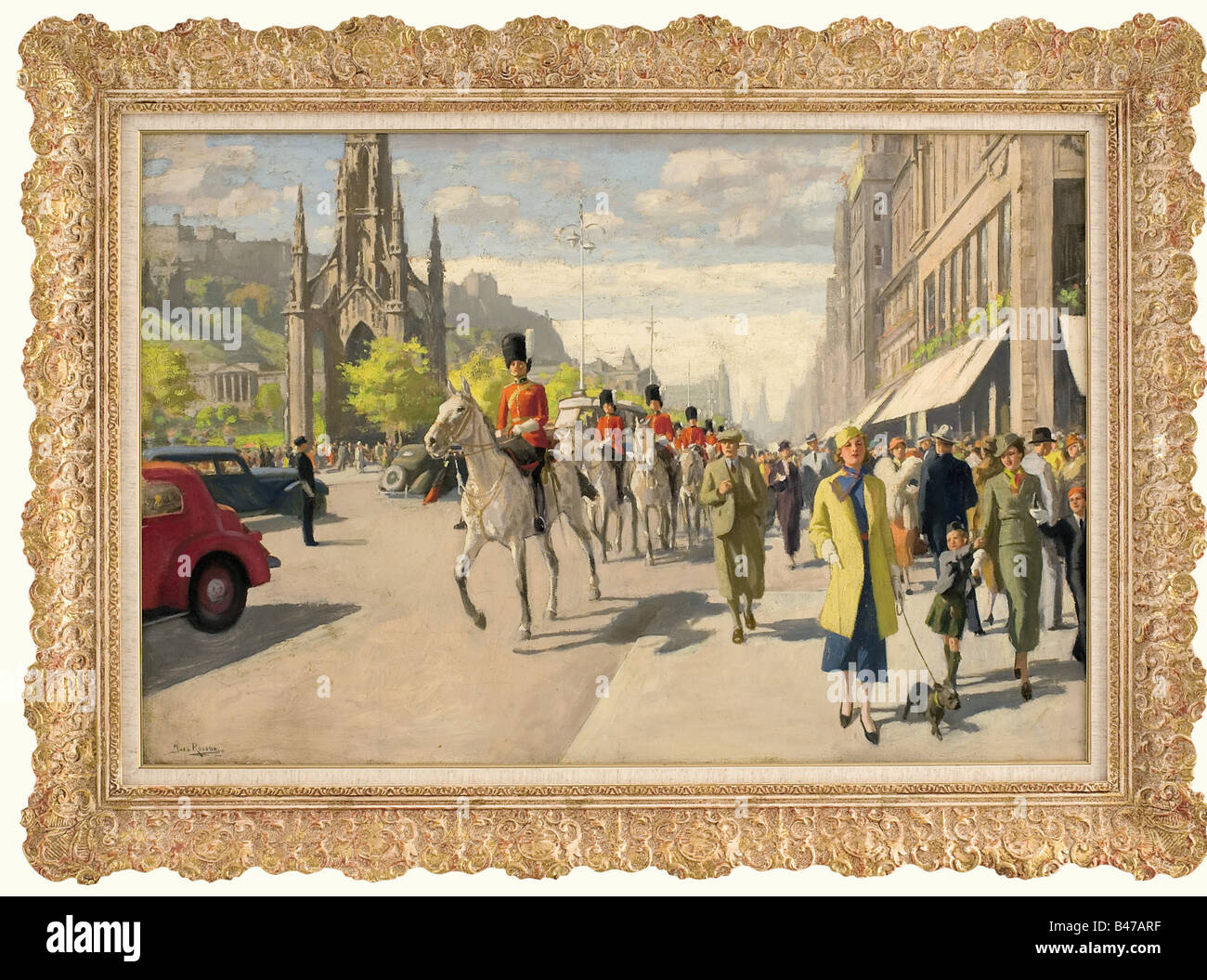 Jacobus van Rossum (born 1881), Officers of the Grenadier Guards in Edinburgh Oil on wood. Scene of a busy street in the 1930s, in the centre officers on horseback, on the left the Scott monument, in the background Edinburgh Castle. Signed on the lower left. Gilt stucco frame. Size of the painting 92 x 62 cm, framed 112 x 82 cm. fine arts, people, 20th century, object, objects, stills, clipping, clippings, cut out, cut-out, cut-outs, painting, paintings, picture in frame, pictures, framed, illustrations, Artist's Copyright has not to be cleared Stock Photo