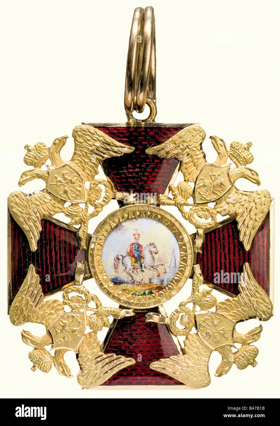 Order of St. Alexander Nevsky, a sash badge with desponded wings, Russia circa 1820 - 1830 Badge in gold and enamel, without sash. No hallmarks. The two colour gold eagles manufactured in the typical style up to 1830. 53 x 48 mm (excl. suspension), 39 g. The obverse medallion with minimal hair cracks, the reverse medallion with one crack. Despite the absence of a manufacturer's hallmark the badge originates most probably from the Emanuel Pannasch workshop. An almost identical badge is depicted in Durov, p. 24. A decoration of the highest manufacturing standard , Stock Photo