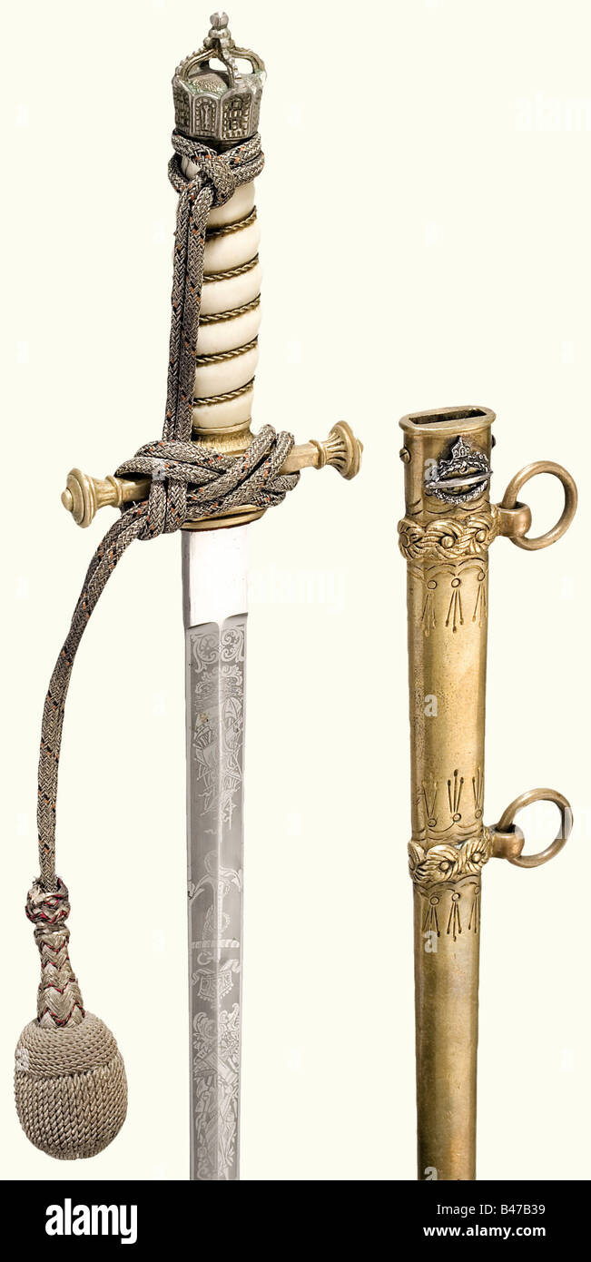A dagger for an officer of Naval Air Ships, German Imperial Navy The long version (46 cm.) of a naval officer's model 1890/01 dagger. The blade has decorative etching, the knight's helmet manufacturer's mark (WK & C). Ivory grip, silver(!) imperial crown as a pommel. Brass scabbard with lightning decoration. A silver miniature of the commemorative badge for airship crews 1920 - 22, soldered to the locket. Silver officers' sword knot. The dagger is in a case lined with violet velvet and silk. Interesting, unofficial version of a naval airship officer's dagger. h, Stock Photo