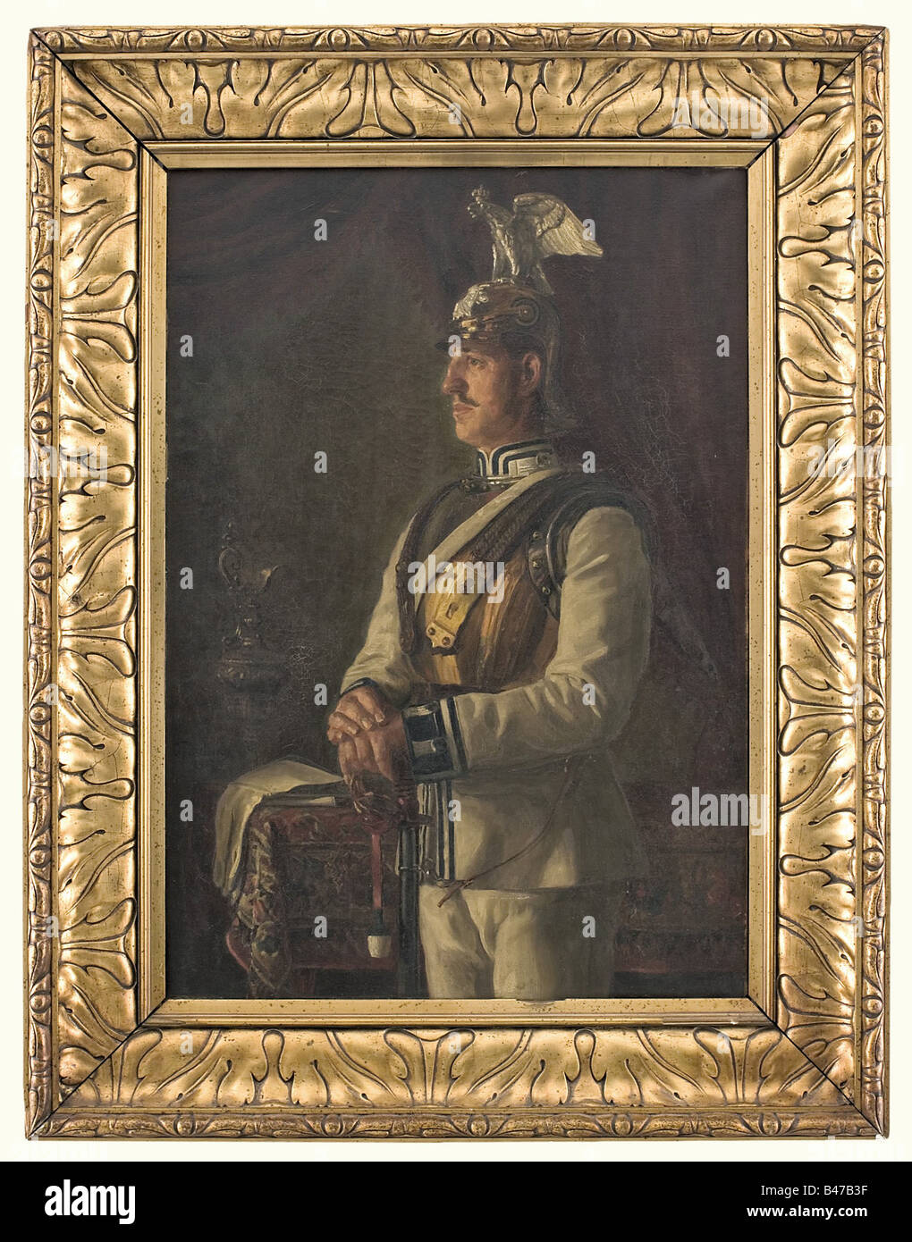 Otto Friederich, a three-quarter portrait of an ensign, Prussia, Cuirassier Guards A portrait of an ensign in the Gardekürassier-Regiment, in his cuirass and helmet with parade eagle. Oil on canvas. Picture dimensions: 55 x 80 cm., signed 'O. Friederich 1907' on the left. Old, wide, gold plaster frame. Dimensions 80 x 106 cm. Otto Friederich (*1862 Raab, Hungary) studied at the Vienna and Munich Academies under Eisenmenger and Lindenschmit, principal founder of the Viennese Secession. He painted numerous portraits (See Thieme-Becker, vol. XII. P. 473). people, , Stock Photo
