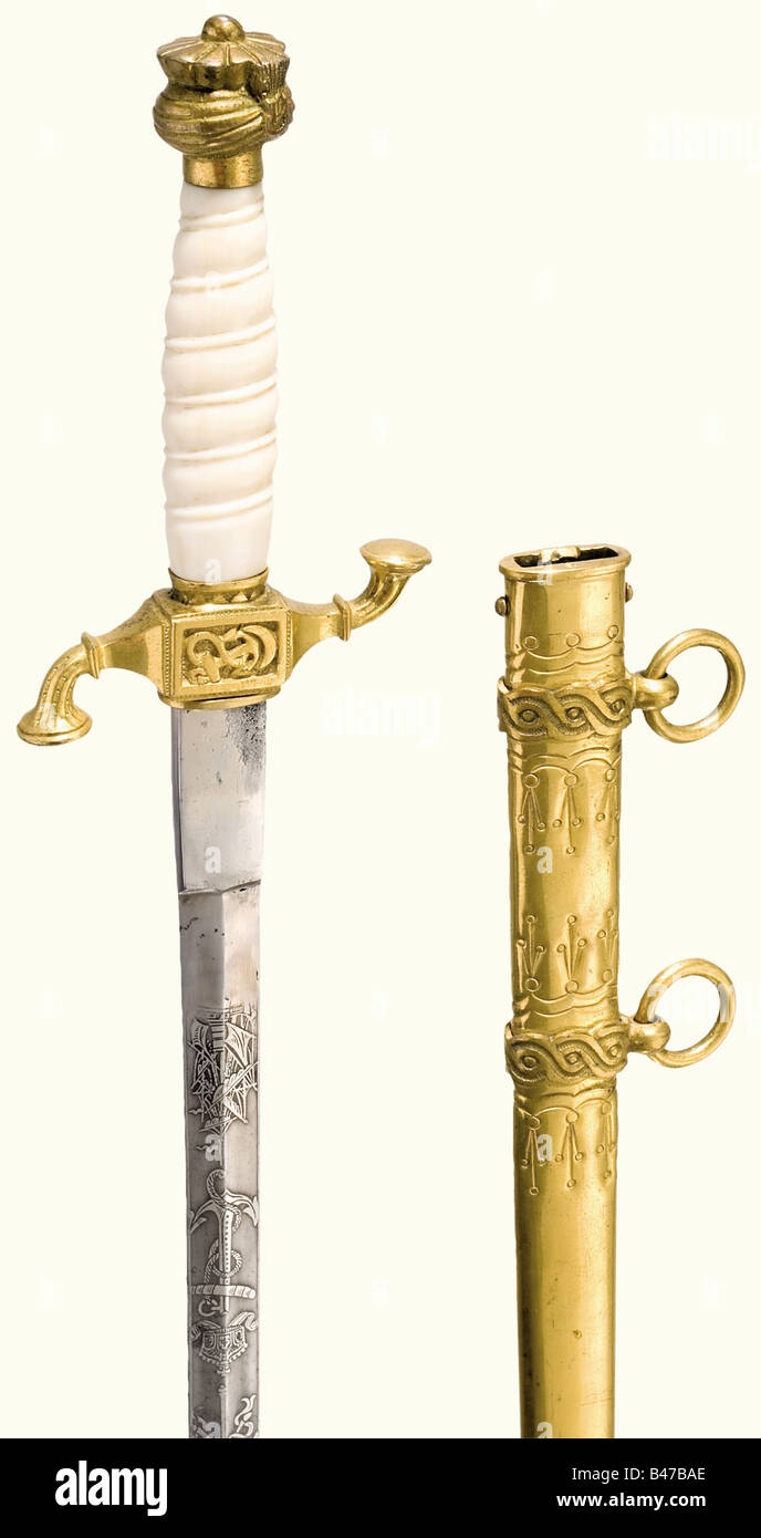 A naval Officer's dagger, Ottoman Empire, circa 1914 A double-edged blade with decorative etchings of the Imperial German Navy. There is a welded break on the ricasso. The gold-plated bronze quillons are bent up and down respectively. Pommel is in the shape of a turban. White bone grip. Gold-plated brass scabbard. Length 47.5 cm. Possible this belonged to one of the crew of the SMS Goeben (Jawus Sultan Selim) or the SMS Breslau (Midilli), which sailed under the Turkish flag during the First World War. Rare naval weapon. Cf. K. Glemser 'A Guide to Military Dress, Stock Photo
