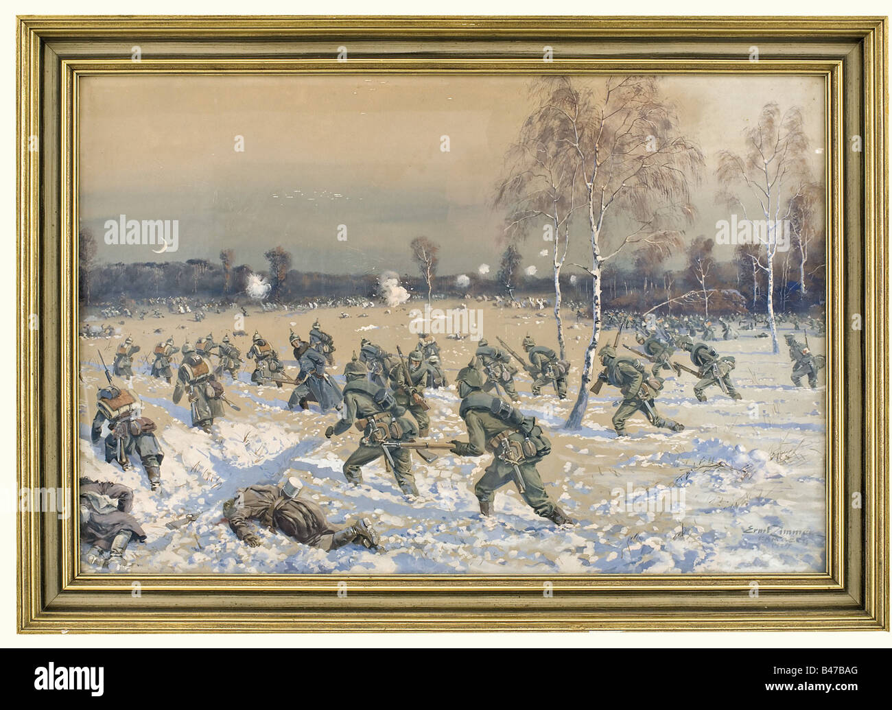 Ernst Zimmer (1864 - 1924) - 'Attacking infantry at the Masurian front'., German infantry attacking in the twilight on a snow-covered plain. Gouache on paper, signed on the lower right 'Ernst Zimmer Bamberg 1917'. Size of the picture 59 x 90 cm, under glass and framed (73 x 102 cm). Ernst Zimmer studied in Danzig and was a master student of Louis Braun in Munich. He specialised in military scenes, and also made various book illustrations. From 1903 he was resident in Bamberg (Thieme-Becker XXXVI, p. 503). historic, historical, people, 1910s, 20th century, First, Stock Photo