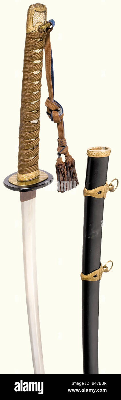 A kai-gunto, Japan, for naval officers, dated 1928 Shinogi tsukuri blade, chu kissaki, mune takashi. Weak sugu ha hamon. Boshi not identifiable. Muji tetsu. Nakago with one mekugi ana. Suji kai yasuri me. Inscribed, 'Showa Ju Roku Nen Ku Gatsu Yoshi Jitsu (September 1928) - Ama Teru Yama...Saku.' Copper habaki. Wooden, black lacquered saya. Lacquer has small restorations. Quality mountings of gilded brass. Cherry blossom decoration on nanako background. Black lacquered leather tsuba with gilded o seppa. Menuki in the shape of the Tokugawa mon. Brown silk wrappi, Stock Photo