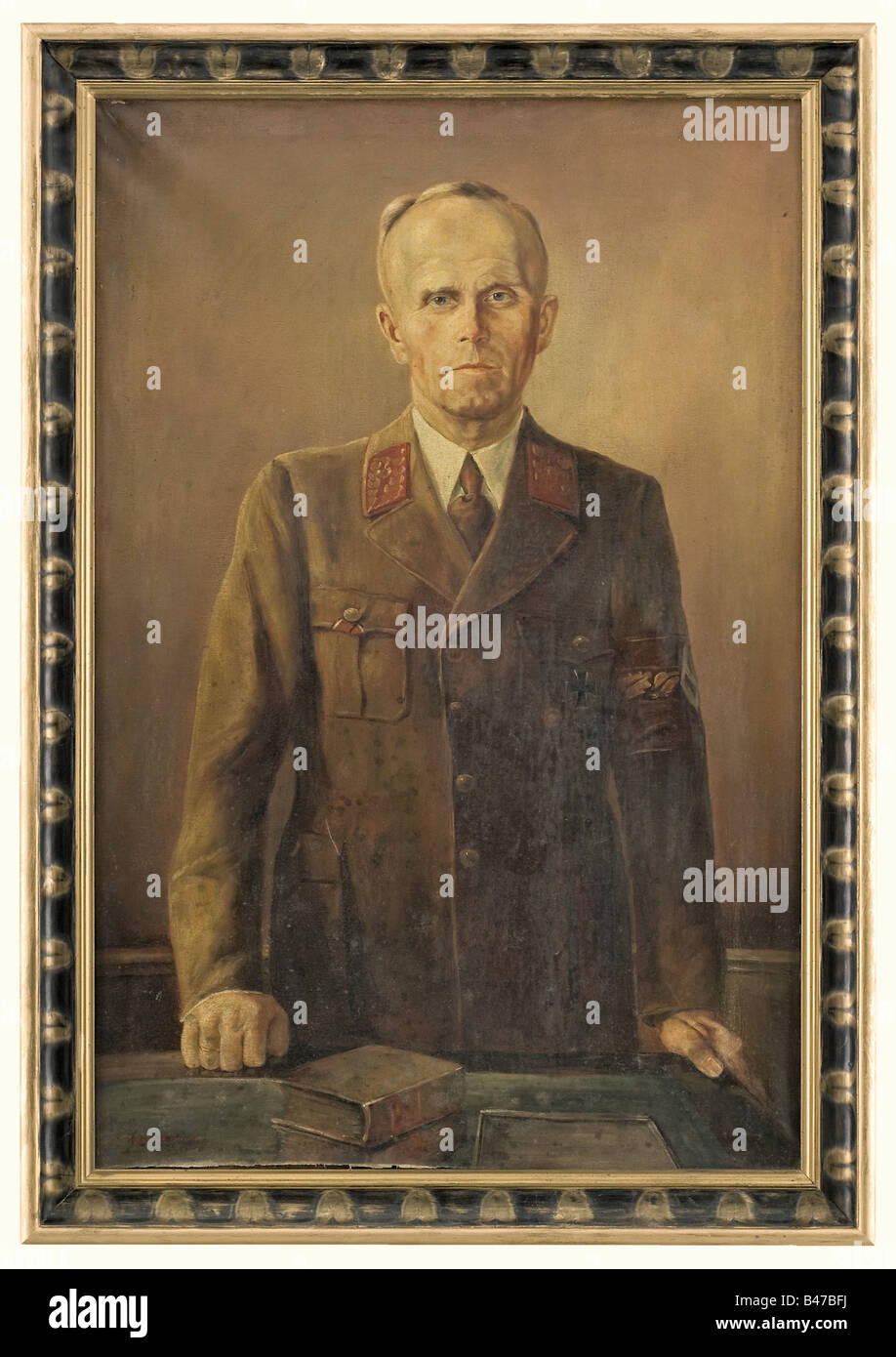 Hugo Lehmann, a portrait of the Gauleiter Karl Wahl Oil on canvas, on the lower left the atist's signature 'Hugo Lehmann' in red. Damaged on the lower edge, slightly stained. Size framed 72 x 103 cm. Portrayal of Wahl in party uniform in his study, his hands resting on a desk. Karl Wahl, Gauleiter of the gau Swabia (1st October 1928 - 8th May 1945). He received several medals for bravery, such as the Iron Cross 1st and 2nd Class, as a staff sergeant of the medical corps in WW I. 1919 head of the garrison hospital in Augsburg. 1922 NSDAP membership, appointment , Stock Photo