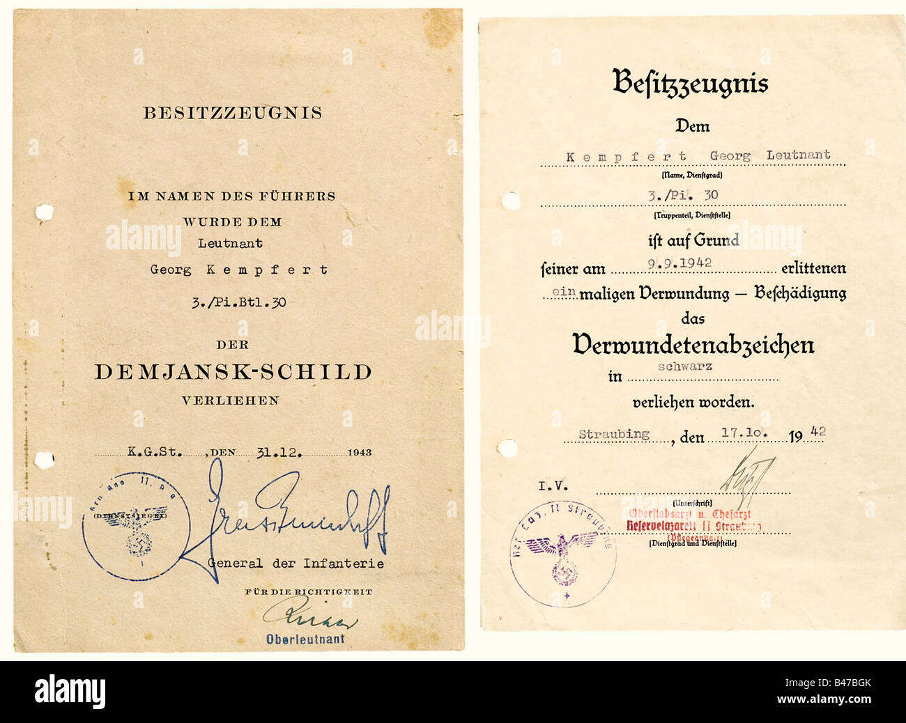 Georg Kempfert, Lieutenant in Pioneer Battalions 30 and 743, award documents and possession certificates Award documents for the Iron Cross of 1939 2nd and 1st Classes, dated 25 May 1940 (original pencil signature v. Briesen) and 17 January 1942 (original signature v. Tippelskirch) respectively, typed possession certificates for the General Assault Badge 1 December 1941 with original signature v. Tippelskirch in coloured pencil and Close Combat Clasp 1st Class 22 September 1943, document for the Eastern Front Medal 26 July 1943, possession certificates for the , Stock Photo
