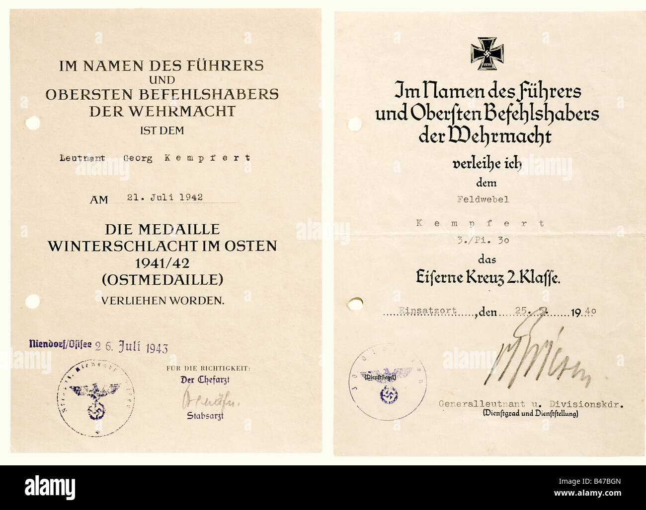 Georg Kempfert, Lieutenant in Pioneer Battalions 30 and 743, award documents and possession certificates Award documents for the Iron Cross of 1939 2nd and 1st Classes, dated 25 May 1940 (original pencil signature v. Briesen) and 17 January 1942 (original signature v. Tippelskirch) respectively, typed possession certificates for the General Assault Badge 1 December 1941 with original signature v. Tippelskirch in coloured pencil and Close Combat Clasp 1st Class 22 September 1943, document for the Eastern Front Medal 26 July 1943, possession certificates for the , Stock Photo