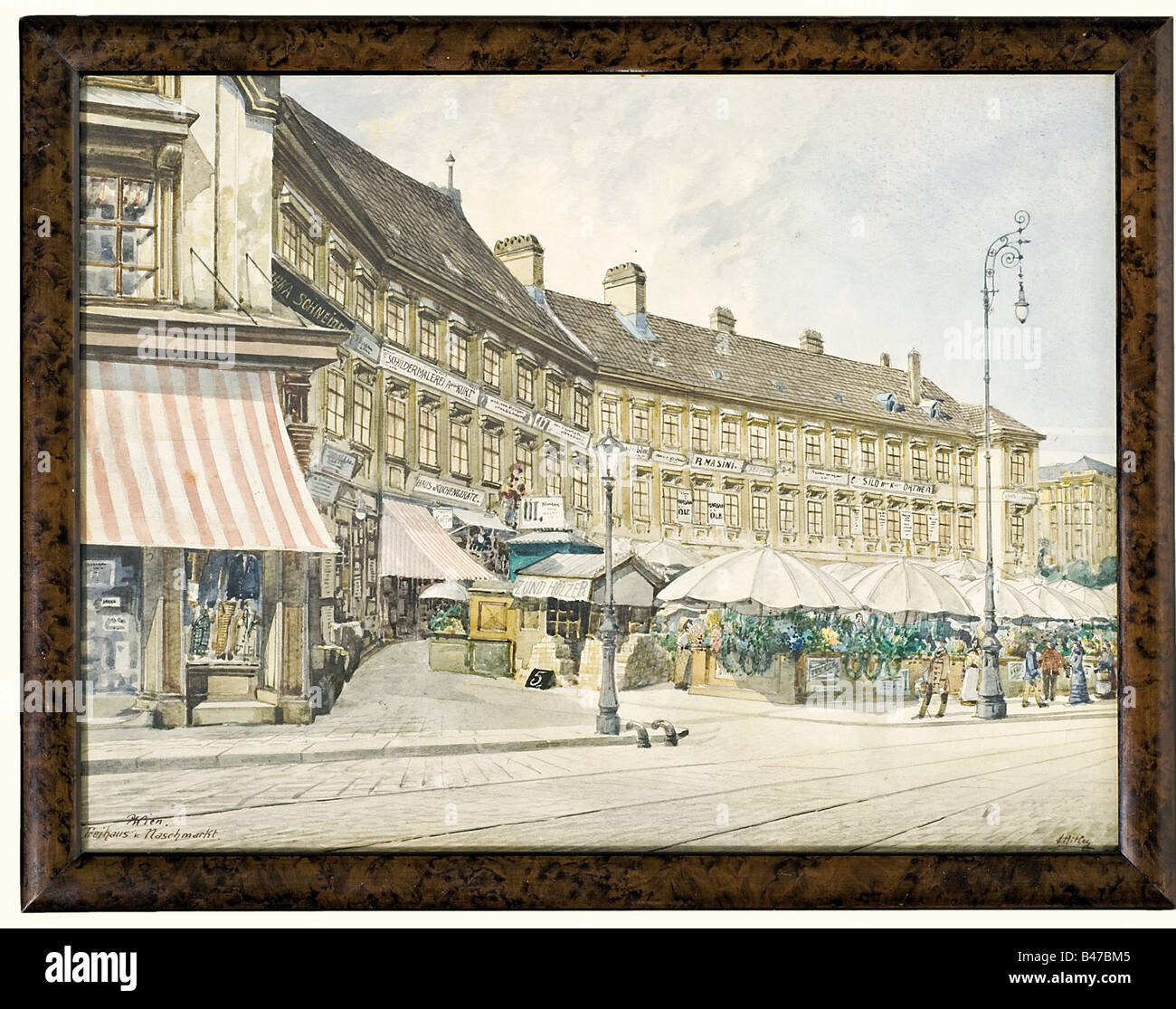 Adolf Hitler, a watercolour painting 'Freihaus und Naschmarkt' Signed on the lower right 'A. Hitler', titled on the lower left 'Wien. Freihaus und Naschmarkt'. Under glass and in a root veneer frame of the Viennese 'Rahmen-Fabrik Richard Melcher'. 29.5 x 38 cm. Provenance: From the possession of the Marsano family, fine arts, people, 1910s, 1930s, 20th century, 20th century, NS, National Socialism, Nazism, Third Reich, German Reich, Germany, German, National Socialist, Nazi, Nazi period, fascism, object, objects, stills, clipping, clippings, cut out, , Artist's Copyright has not to be cleared Stock Photo