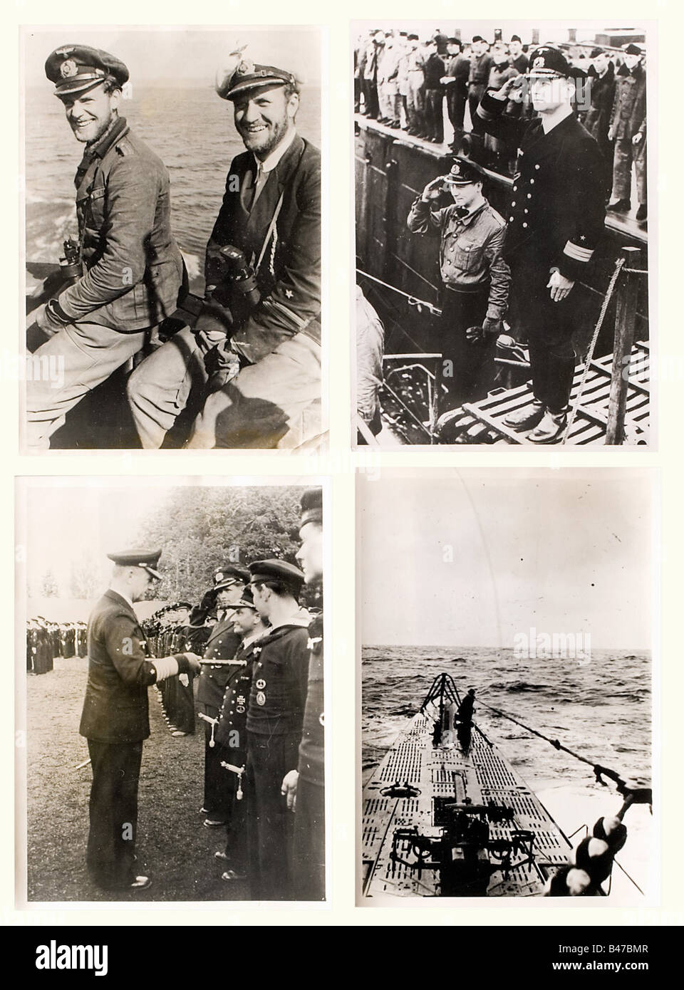 50 photographs - Submarines, period of the Second World War Very interesting photos of submarine units. 40 photographs of German submarines, ten photos of English, Italian and other submarines. Dönitz with his submariners, return home from a successful mission, drifting wreckage being picked up by a German submarine, etc. These come from the break up of a contemporary photo archive. Almost all photographs are inscribed in detail. Mostly unpublished. historic, historical, people, 1930s, 20th century, Wehrmacht, armed forces, army, NS, National Socialism, Nazism,, Stock Photo
