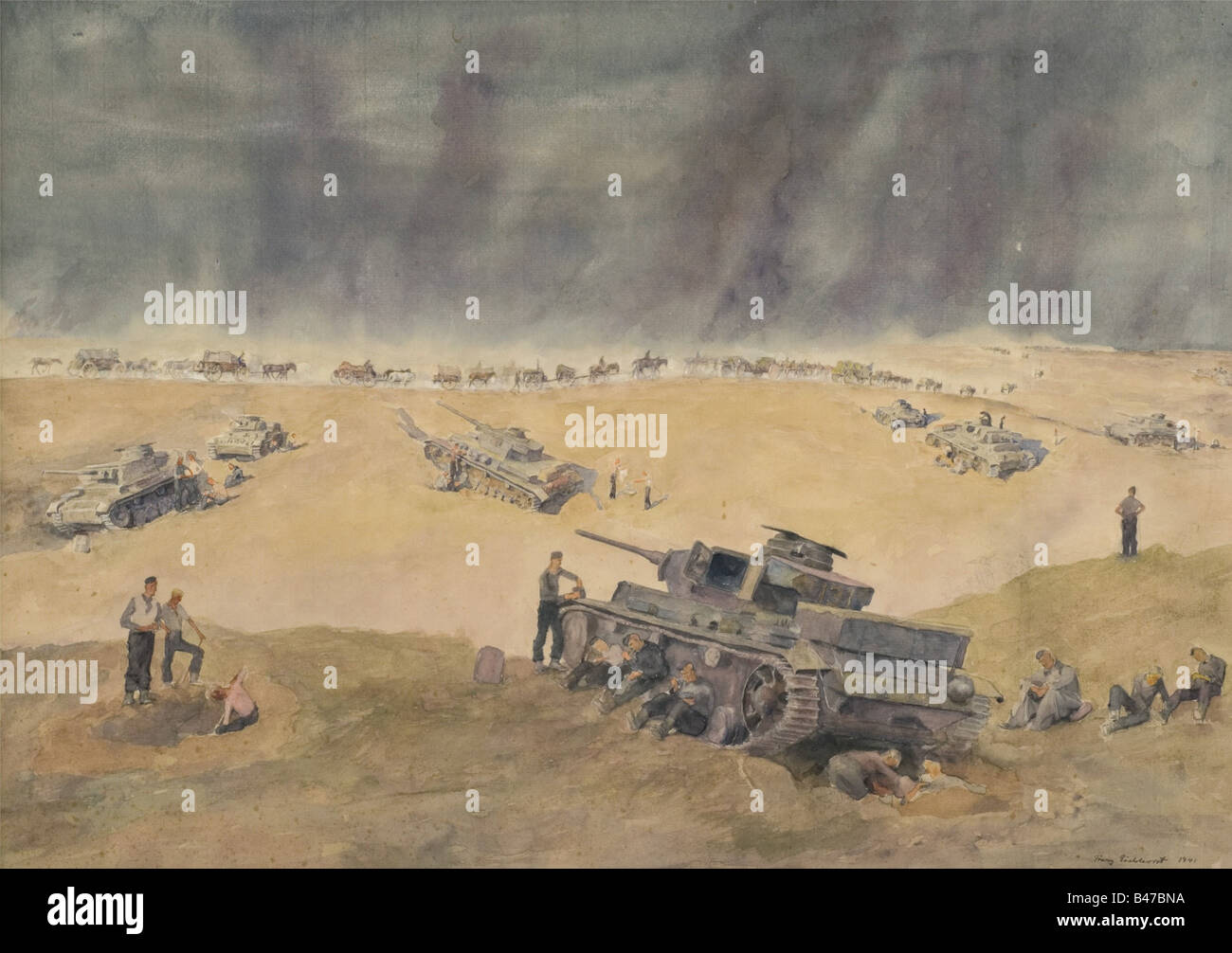 Tanks in standby position at Pitomnik airport, Large-sized watercolour ...