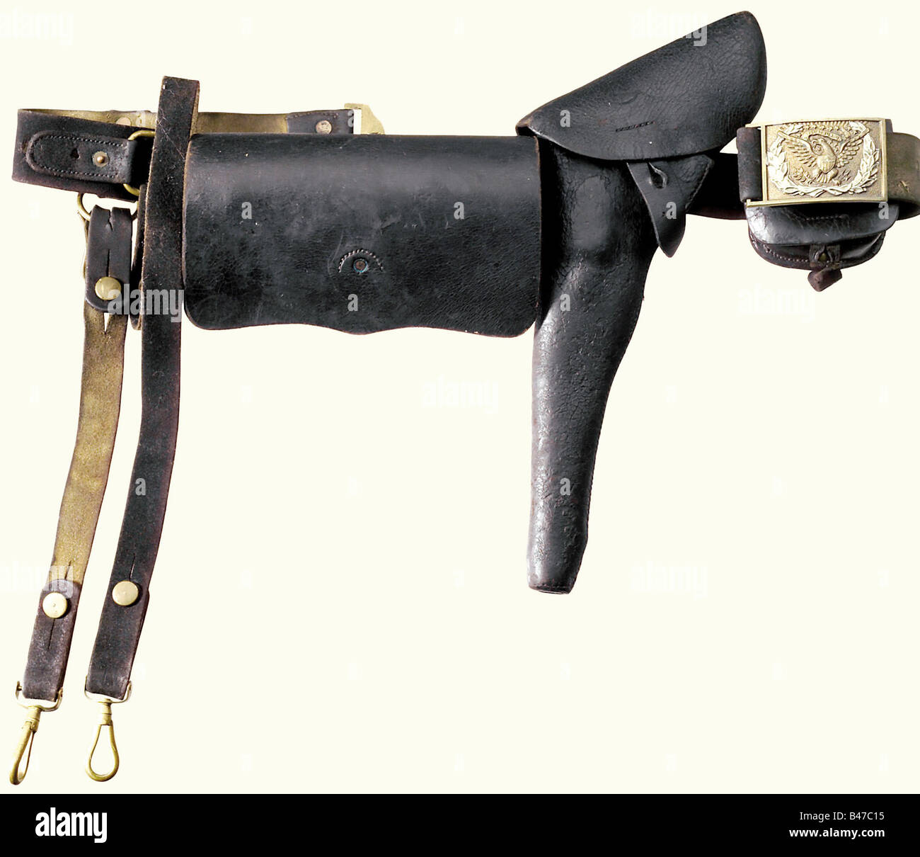 A sabre belt for Union Officers (American Civil War), mid-19th century. A leather belt, black on the outside, with an attached revolver holster, cap pouch, and sabre suspension, the cartridge box with a wooden insert for 20 cartridges. Stamped 'E.A. Crossman & Co. Newark, N.J.' under the flap. Cast brass belt buckle with a superimposed leafy wreath of nickel silver. Belt length 102 cm. historic, historical, 19th century, USA, United States of America, American, object, objects, stills, clipping, clippings, cut out, cut-out, cut-outs, revolver, revolvers, firear, Stock Photo