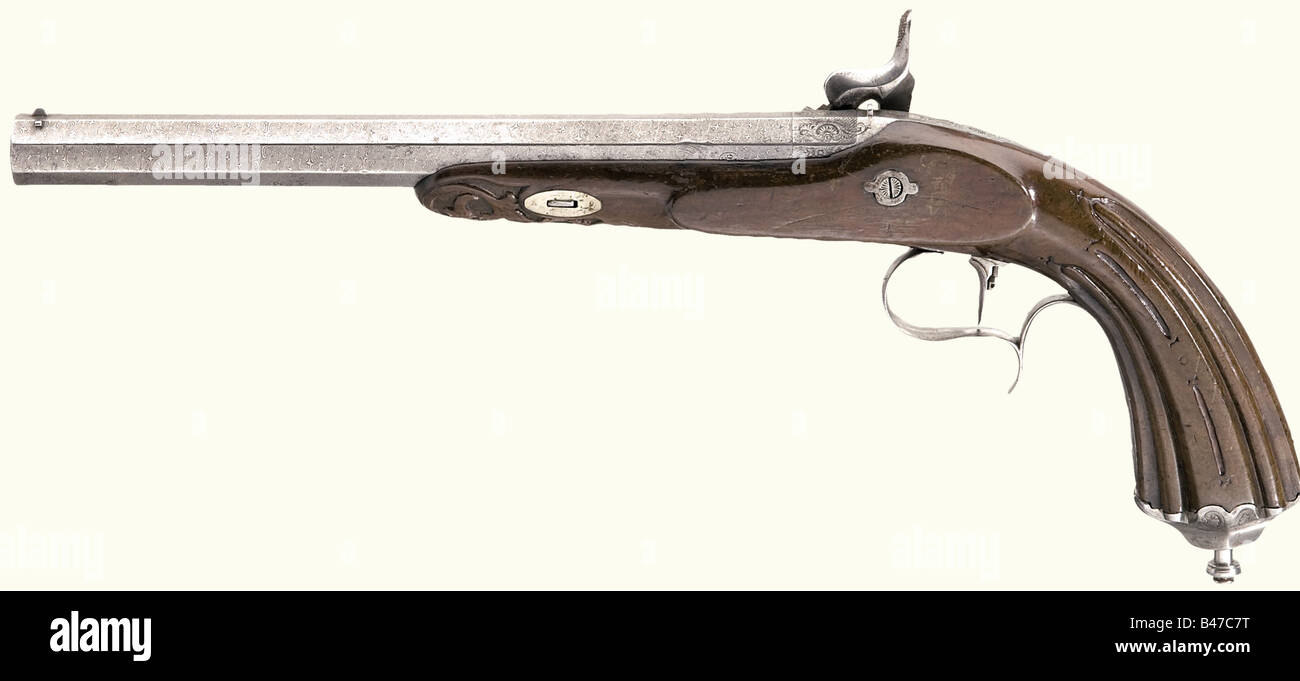 A Derringer of Philadelphia percussion pistol, brass inlay, octagonal  barrel, walnut stock, the 3 b