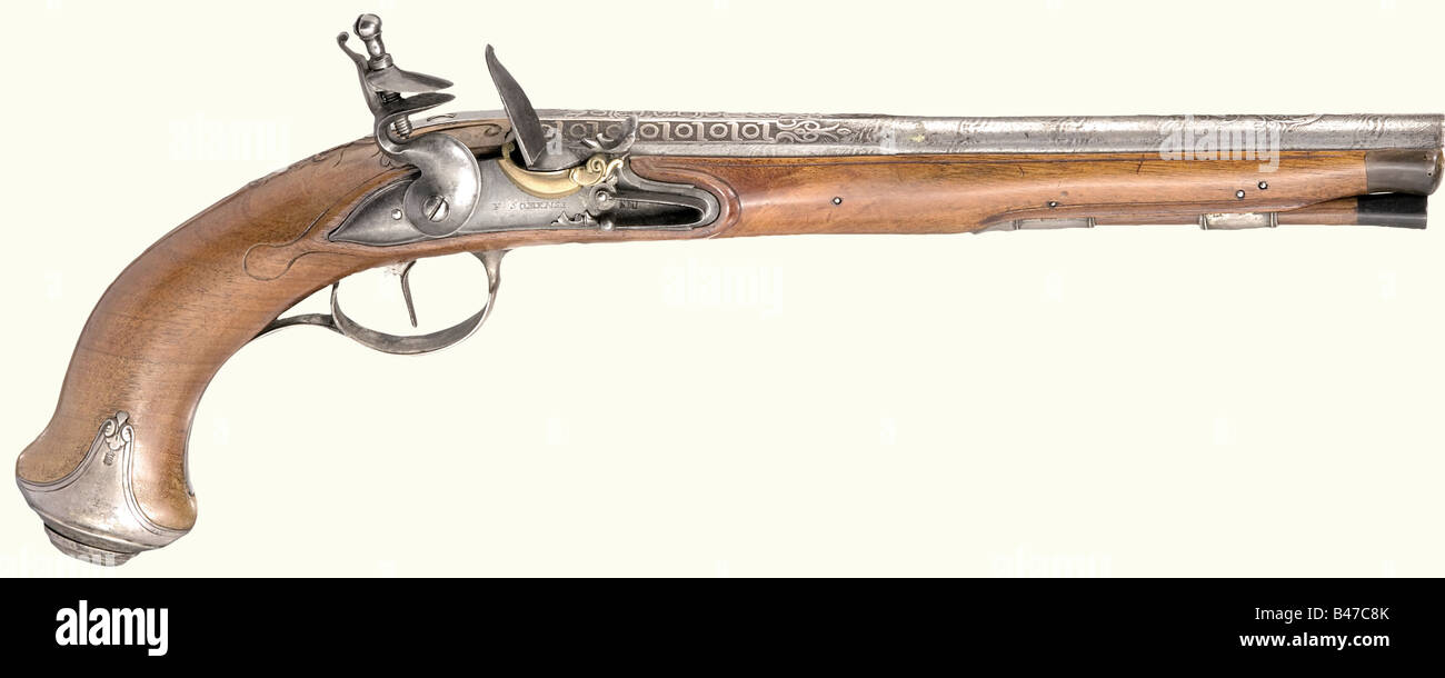 A silver-mounted flintlock pistol, German, circa 1800. Octagonal then round, etched Damascus barrel. Smooth bore in 14 mm calibre. Silver inlay of a pseudo-inscription in Oriental style on the chamber. The flintlock with brass powder pan and frizzen with roller bearing, signed 'F. Somensi' and marked 'SM'. Walnut stock with horn nose cap. Lightly engraved iron furniture stamped 'NB' and with the Saxon coat of arms. Wooden ramrod with horn tip. Length 44 cm. historic, historical, 19th century, civil handgun, civil handguns, handheld, gun, guns, firearm, fire arm, Stock Photo