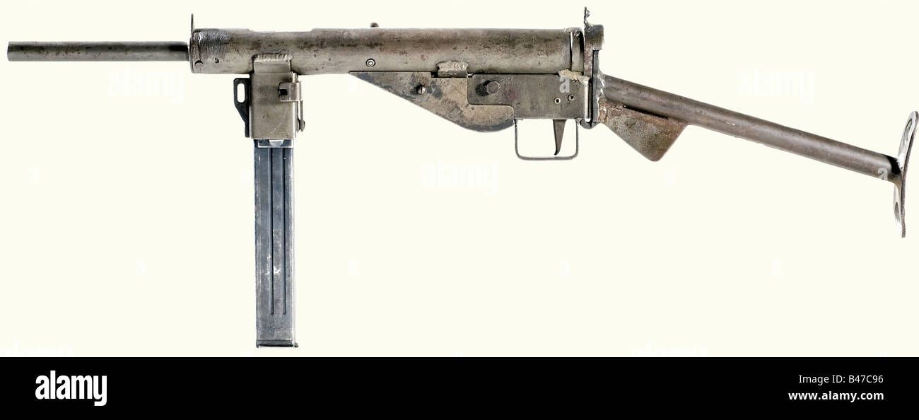 A submachine gun 'Gerät Neumünster' (MP 3008), also called 'Volksmaschinenpistole', calibre 9 mm Parabellum, no. 1 I. Matt bore, length 20 cm. Total length 76 cm. 32 shot with MP 38/40 magazine bar. Slide for fire selection on the left marked 'E' for single shots, on the right marked 'D' for continuous fire. Lock im historic, historical, 1930s, 20th century, ordnance weapon, service weapon, weapons, arms, weapon, arm, militaria, German, Germany, firearm, fire arm, gun, fire arms, firearms, guns, object, objects, stills, clipping, clippings, cut out, cut-out, cu, Stock Photo