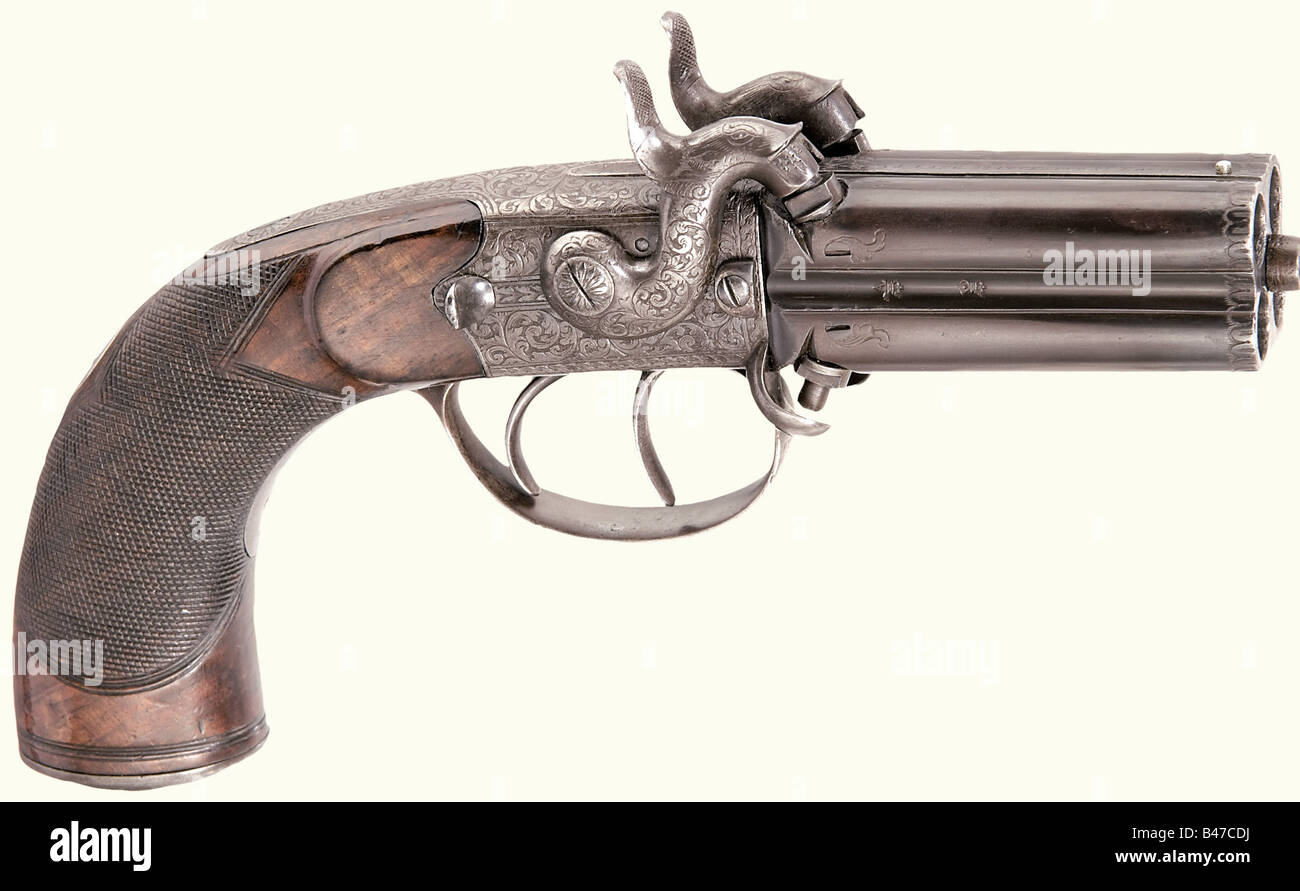 A percussion pistol with turnover double barrels, J. Lang in London