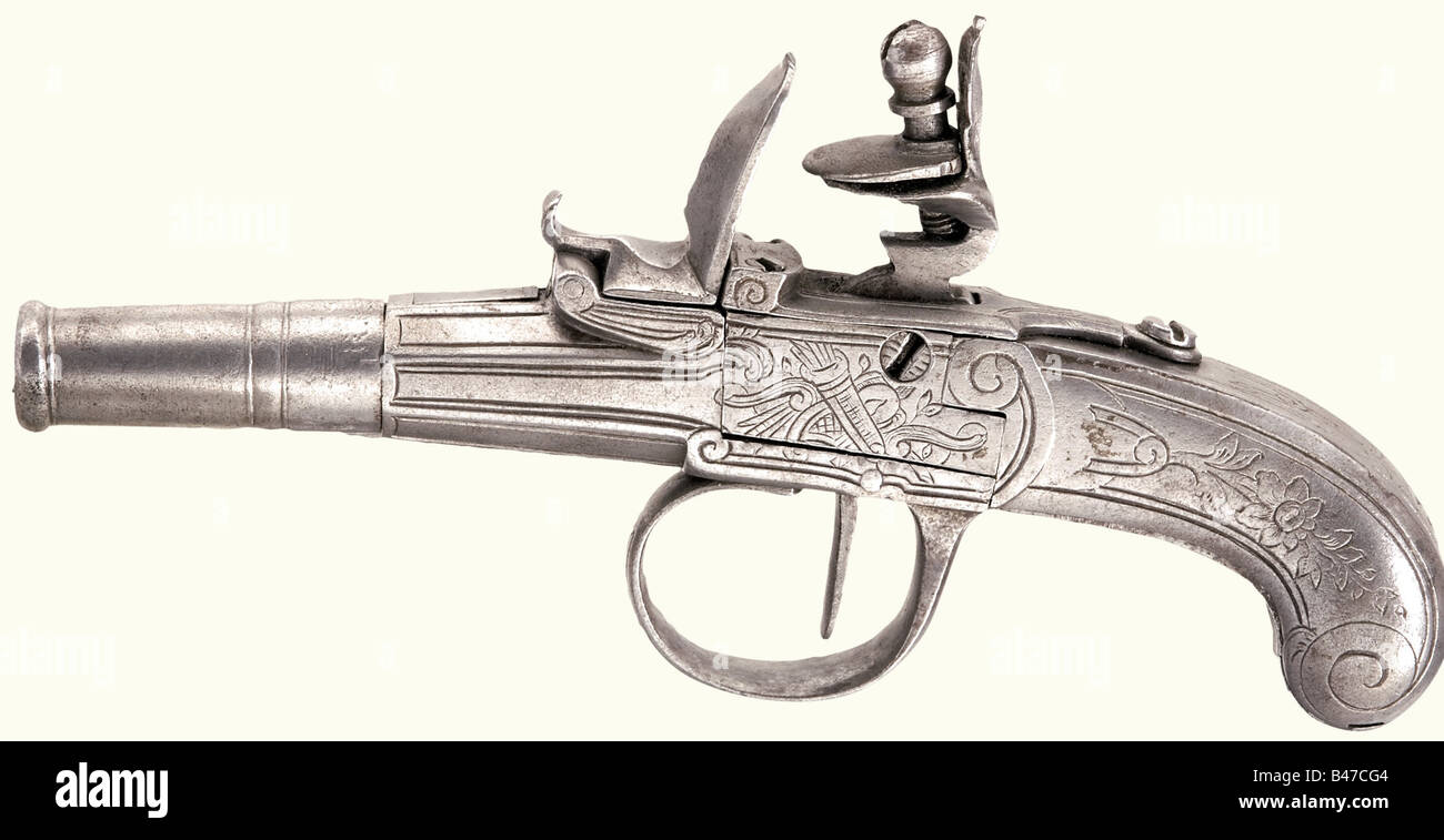 A pair of all-metal flintlock pocket pistols, Liège at the end of the 18th century. Rifled screw barrels with cams in 9 mm calibre. Iron box locks and butts with engravings of flowers and trophy bundles on the sides. Length of each 15.5 cm. historic, historical, 18th century, civil handgun, civil handguns, handheld, gun, guns, firearm, fire arm, firearms, fire arms, weapons, arms, weapon, arm, object, objects, stills, clipping, clippings, cut out, cut-out, cut-outs, Stock Photo