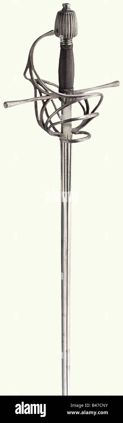 A rapier, Wilhelm Wirsberg, Solingen, circa 1600. Narrow, double-edged blade with a lenticular cross-section and fullers on both sides running almost up to the point. There are three grooves on the ricasso, with the maker's inscription, 'WILHELM WIRSTP. CH SOLINGEN' on both sides. Ricasso lightly ground on the sides. Iron bar guard hilt. Grip cover with replacement winding. The braided ferrules are presumably original. Cylindrical grooved pommel. Length 123 cm. historic, historical, 17th century, sword, swords, weapons, arms, weapon, arm, fighting device, milit, Stock Photo