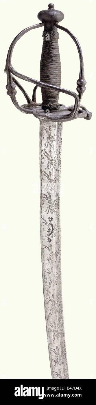 A German Broadsword Dated 1695 A Single Edged Blade With Fullers And A Slightly Broadened Double Edged Point Crescent Marks Stamped On Both Sides There Are 15 Numbered Riders Designated By Name Etched Along A German Broadsword Dated 1695 A Single Edged Blade With Fullers And A Slightly Broadened Double Edged Point Crescent Marks Stamped On Both Sides There Are 15 Numbered Riders Designated By Name Etched Along