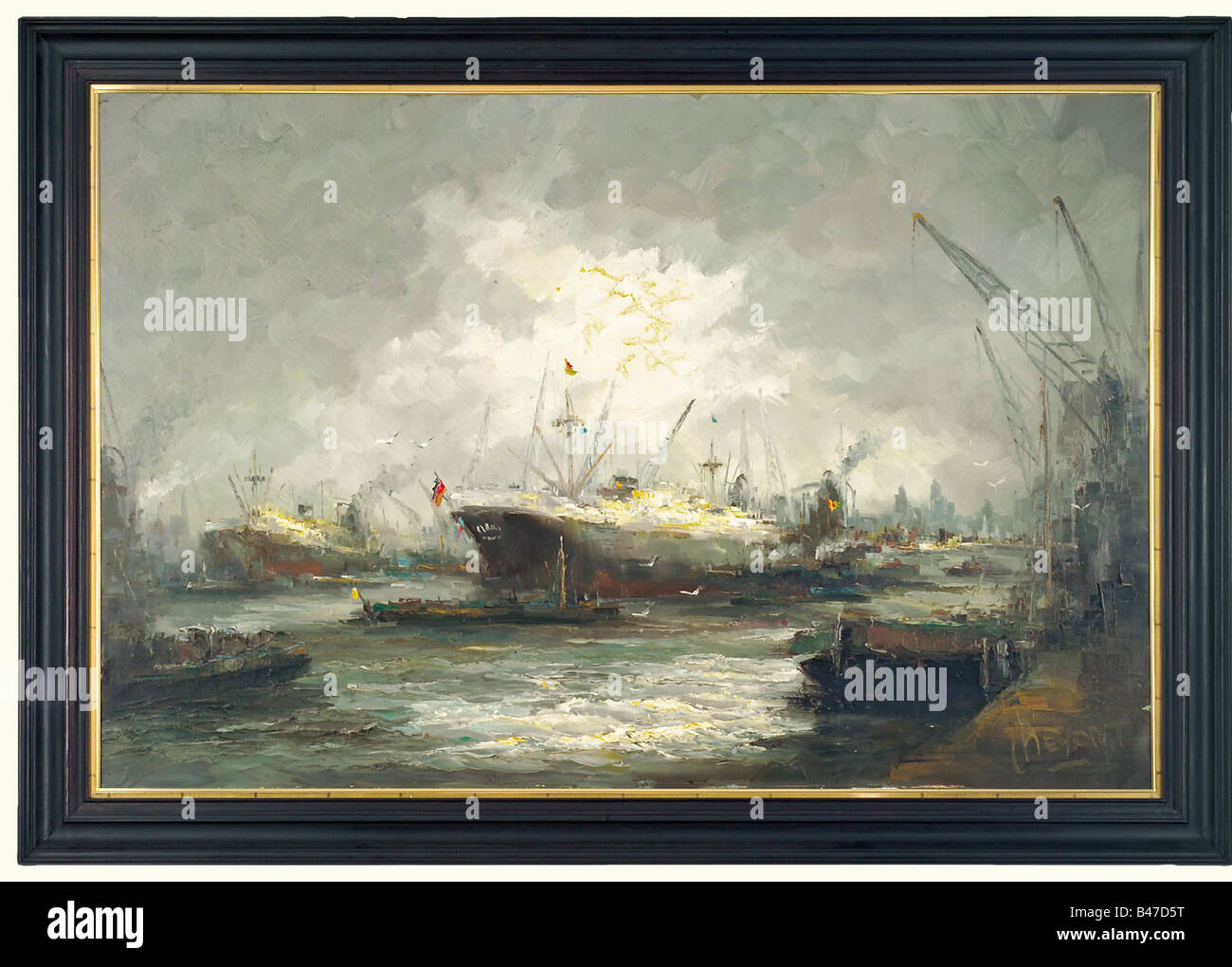 A ship in Amsterdam harbour., Oil on canvas. In the center of the picture there is a steam freighter under the German flag in front of a pier between tug boats and supply lighters. In the background, there is another steamer in front of a scene of the harbour, cranes, and warehouses. Signed, 'Bevort' on the lower right. Black, molded frame. Framed dimensions: 135 x 95 cm. Strong brush strokes and impasto technique emphasize the mood of the painting. fine arts, 20th century, navy, naval forces, object, objects, clipping, cut out, cut-out, cut-outs, pai, Artist's Copyright has not to be cleared Stock Photo