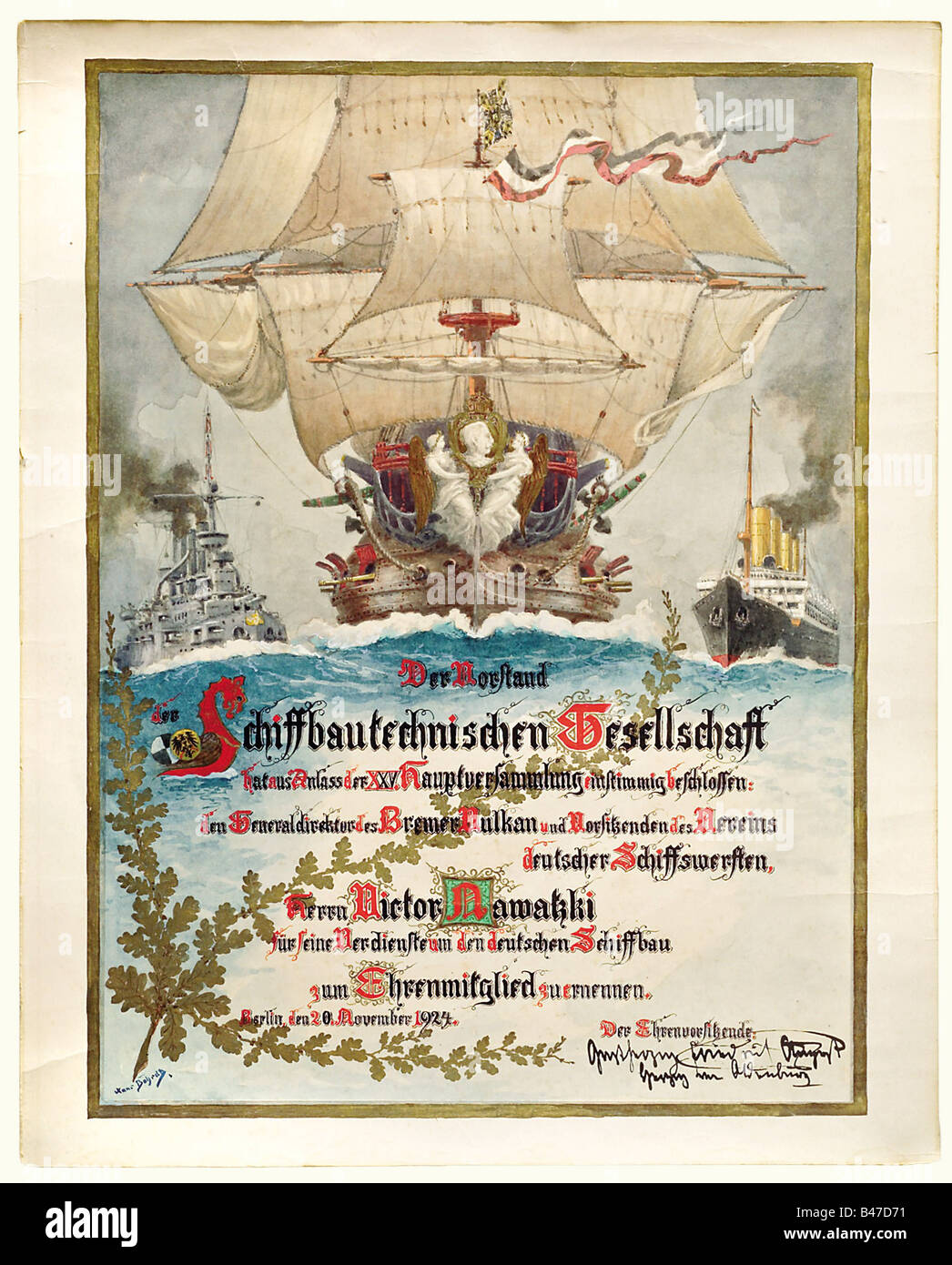 Hans Bohrdt (1857 - 1945), a hand-painted certificate for the General Director of Vulkan Bremen in 1924. Gouache on paper. Signed 'Hans Bohrdt' at the lower left. A large man-of-war with an imperial pennant and portrait of Emperor Wilhelm on the stem, flanked by a modern war ship and a steamer. The calligraphic text below is framed in golden oak leaves: 'The Board of Governors of the Technical Ship Building Society, on the occasion of the XXV. General Assembly have decided to award honourary membership to the General Director of Vulkan Bremen and Chai, Artist's Copyright has not to be cleared Stock Photo