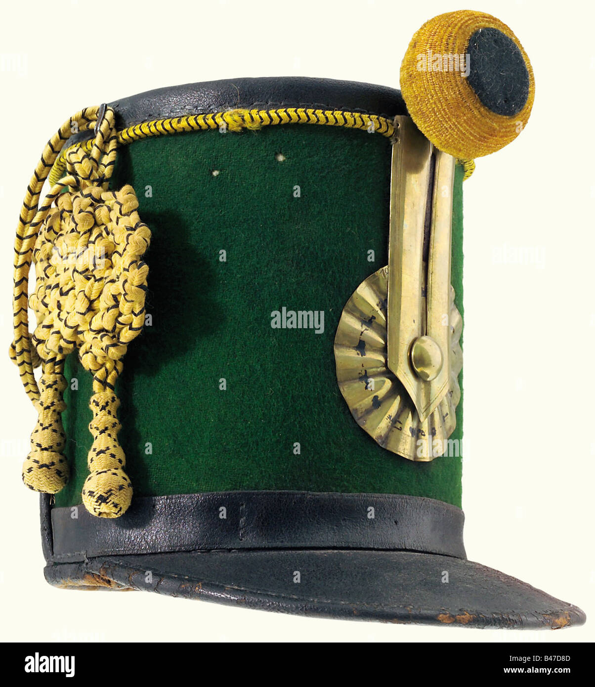 Austria: A shako of 1816 pattern for troopers, of the 10th(?) Hussar s Regiment. Cardboard body covered with green cloth, leather top, band and visor. The peak brim fixed to the body. Black interwoven yellow square lace and Vitez Kötez. Sweat leather, barracan lining, leather strap. Yellow/black field insignia, brass cockade and agraffe (marked '18'). Height of the body 21 cm. Fresh colours, three small moth holes. A rare shako in good condition. historic, historical, 19th century, uniform, uniforms, clothing, clothes, outfit, outfits, wear, object, objects, st, Stock Photo