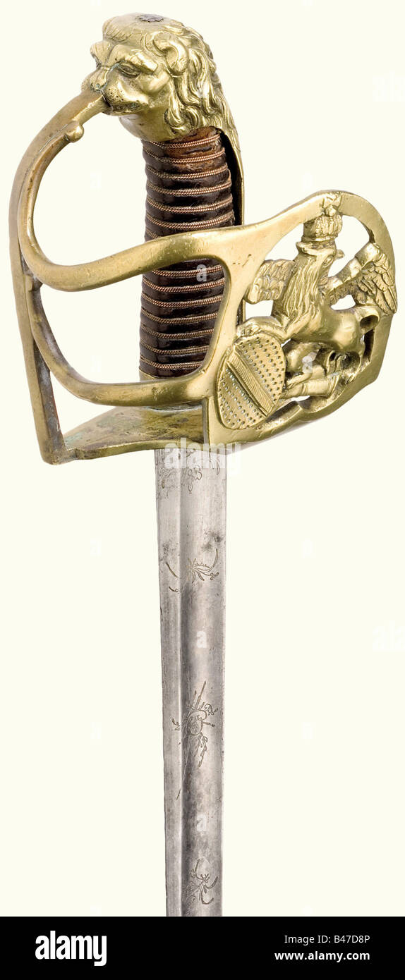 A small sword, for an artillery or dragoon officer, circa 1820. Straight, single-edged blade with fullers on both sides. Etched vine and trophy decoration on the upper third. Brass knucklebow hilt showing a griffon with the Baden coat of arms on crossed cannons. Relief lion head pommel. Leather covered grip with copper wire winding. Length 87 cm. historic, historical, 19th century, Baden, German, Germany, Southern Germany, the South of Germany, object, objects, stills, militaria, clipping, cut out, cut-out, cut-outs, thrusting, thrustings, blade, blades, melee , Stock Photo