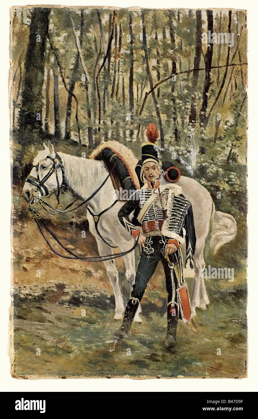 Max Hünten (1869 - 1936)., Hussar of the Napoleonic period. Oil on canvas. Hussar with horse in a forest. Unsigned and undated. 32,5 x 20,5 cm. Max Hünten, son of the famous battle painter Emil Hünten (1827 - 1902), attended from 1888 alternately the Düsseldorf Academy and the Julian Academy in Paris and is known for his historical, genre, military and hunting scenes. He exhibited at the Düsseldorf Exhibition, the Greater Berlin Art Exhibition, and the Munich Glass Palace. fine arts, people, 19th century, France, Imperial, French Empire, object, objec, Artist's Copyright has not to be cleared Stock Photo