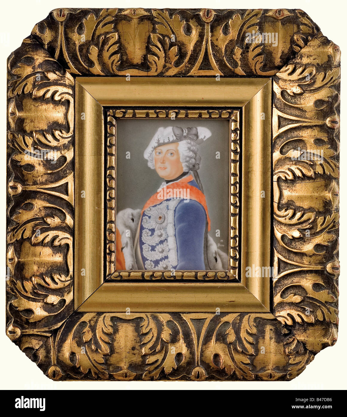 Frederick the Great., A 19th century porcelain portrait after a painting by Antoine Pesne (1683 - 1757) showing the king as a young man in uniform and with an ermine coat wrapped around his shoulders, facing the spectator. Marked 'Blum' on the lower right. In a heavy gilt stucco frame with acanthus decoration. Size of the porcelain plaque 15.5 x 12 cm. Framed 32 x 35 cm. people, 18th century, Prussian, Prussia, German, Germany, militaria, military, object, objects, stills, clipping, clippings, cut out, cut-out, cut-outs, Stock Photo