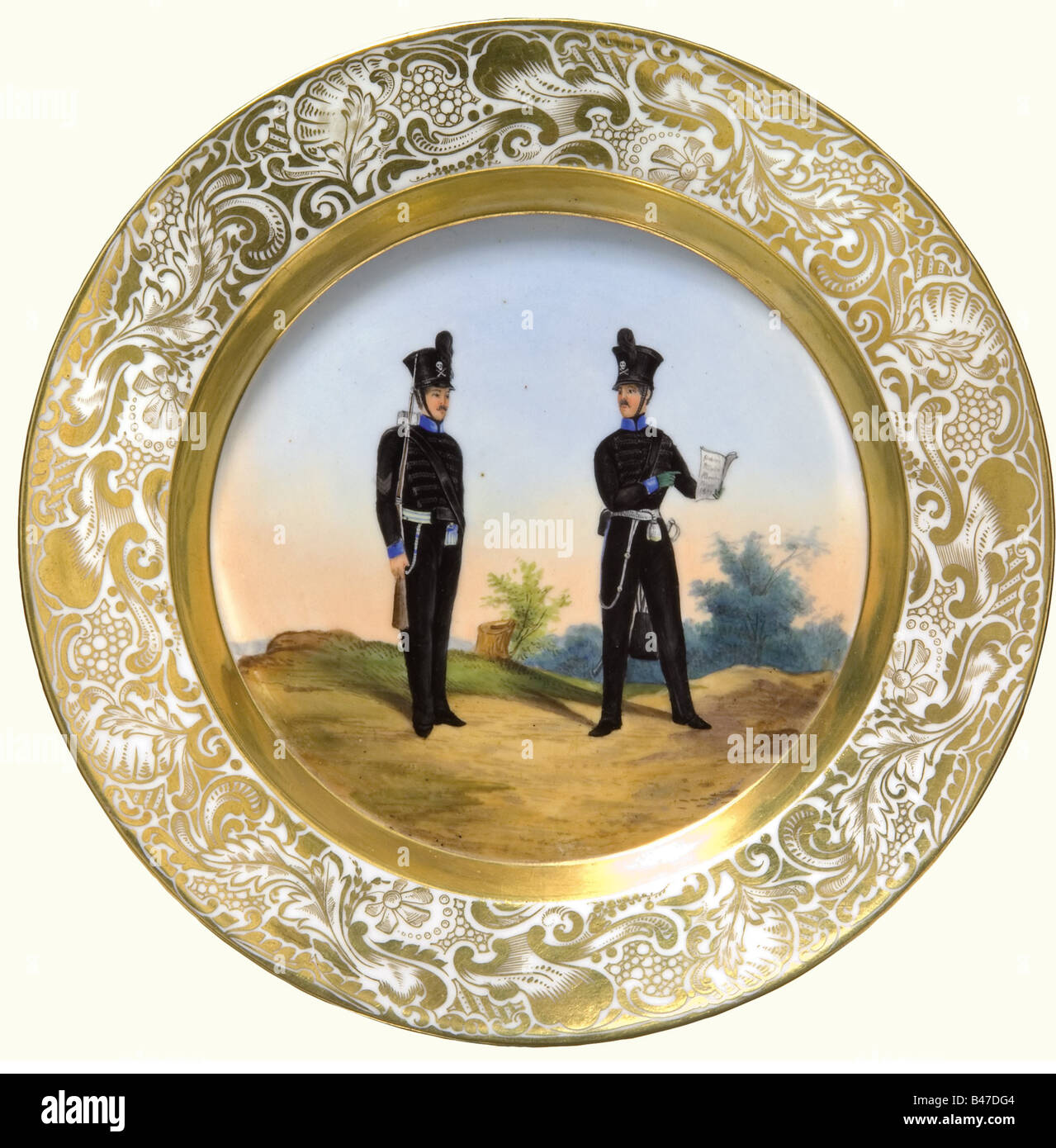 The Ducal Brunswick Porcelain Manufacture., A plate showing two soldiers of the Ducal Brunswick Life Guard Infantry Battalion. Porcelain with a glazed painting in the centre of an officer and an NCO of the Life Guard Battalion in black uniform. A landscape in the background. The transition to the border is gilded, and there is lavish gold floral decoration running around the rim. A manufacturer's mark in underglaze blue from 1820 to 1860 and '3' are on the bottom. Diameter 24.5 cm. fine arts, people, 19th century, Braunschweig, Brunswick, German, Germ, Artist's Copyright has not to be cleared Stock Photo
