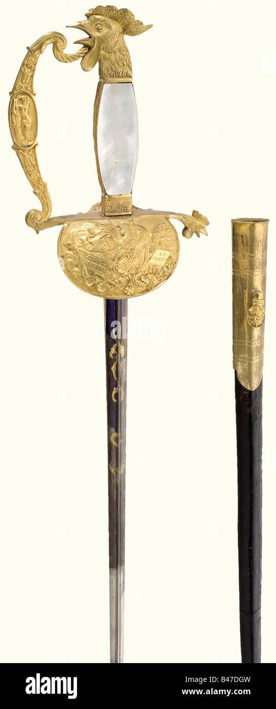 An Officer's smallsword, from the Reign of Louis-Phillipe (1830 - 1848). A slender triangular thrusting blade with the upper third bearing etched and gilded trophy decoration on a blued background. Fire-gilded, fine relief knucklebow hilt. The guard plate shows a Gallic rooster on martial trophies. Mother-of-pearl grip scales (restored?). Pommel in the shape of a rooster's head. Black leather scabbard with gilded brass mountings. Length 96 cm. historic, historical, 19th century, thrusting, thrustings, hand weapon, hand weapons, melee weapon, melee weapons, hand, Stock Photo