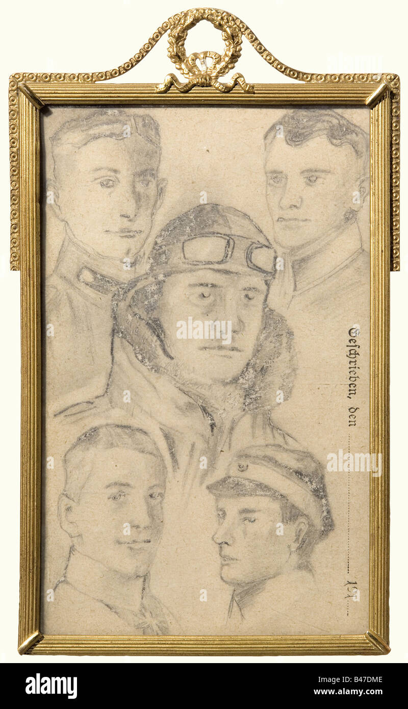 Manfred Baron von Richthofen - a field post card, with pencil portraits of von Richthofen as well as of Wolff, Krefft, Bockelmann, and Meyer from his Jasta 11. On the reverse side, there are 16 signatures in pencil of the members of the squadron, including: Scheffer, Müller, Niederhoff, von Schönebeck, Mohnike, Groos, Krefft, Bockelmann, Baron Lothar von Richthofen, Stapenhorst and Brauneck. (There is also one unknown). Dated, 'July 1917' on the upper edge. Under glass and in a gilded frame with a small oak leaf wreath on top. Extremely rare collection of autog, Stock Photo