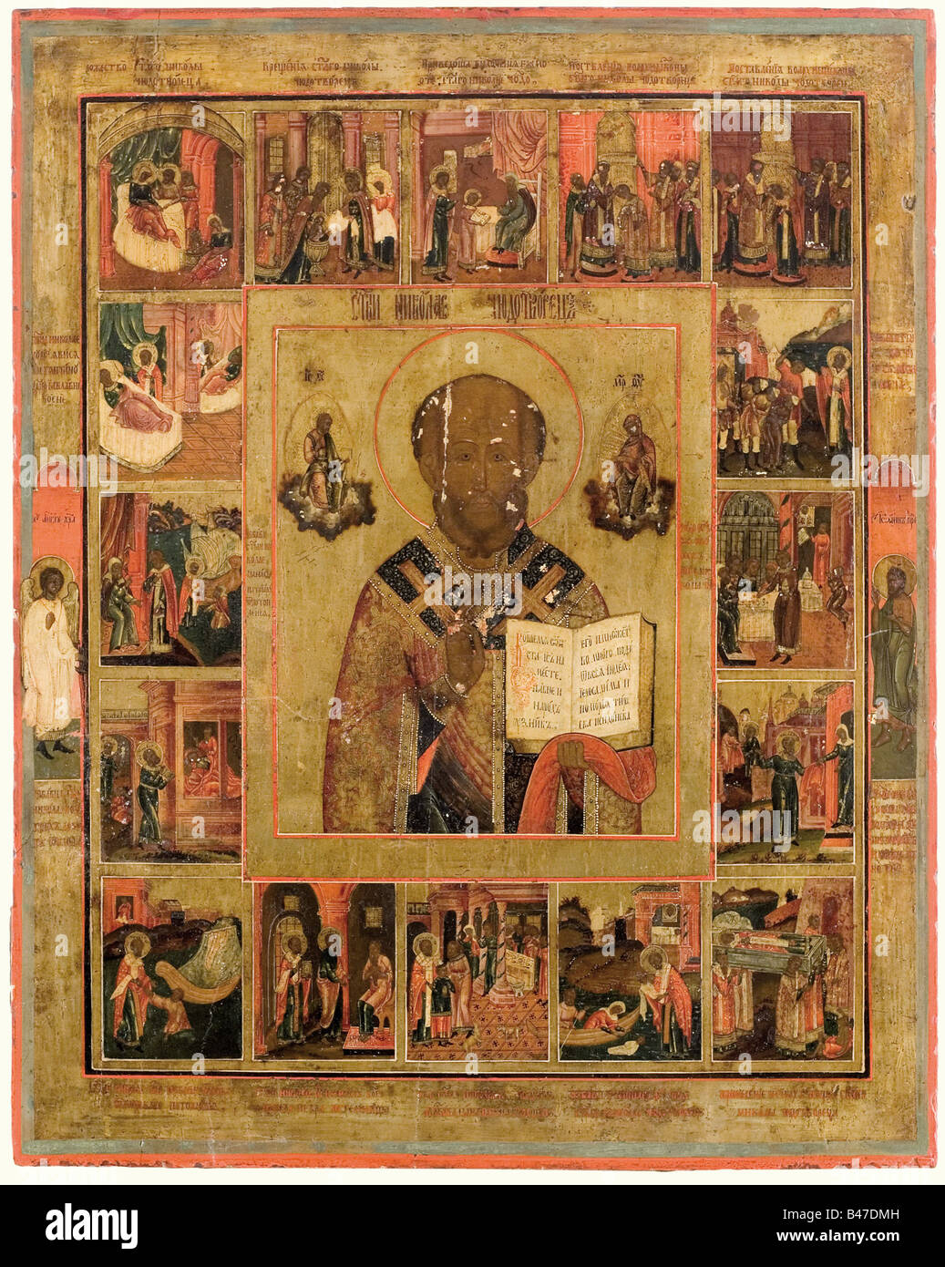 An icon, circa 1840. A picture of St. Nicholas in the centre, surrounded by scenes from his life. Mixed technique on wood. Edges somewhat dented. Tiny defects. Dimensions 58 x 72 cm. historic, historical, people, 19th century, fine arts, art, art object, art objects, artful, precious, collectible, collector's item, collectibles, collector's items, rarity, rarities, Stock Photo