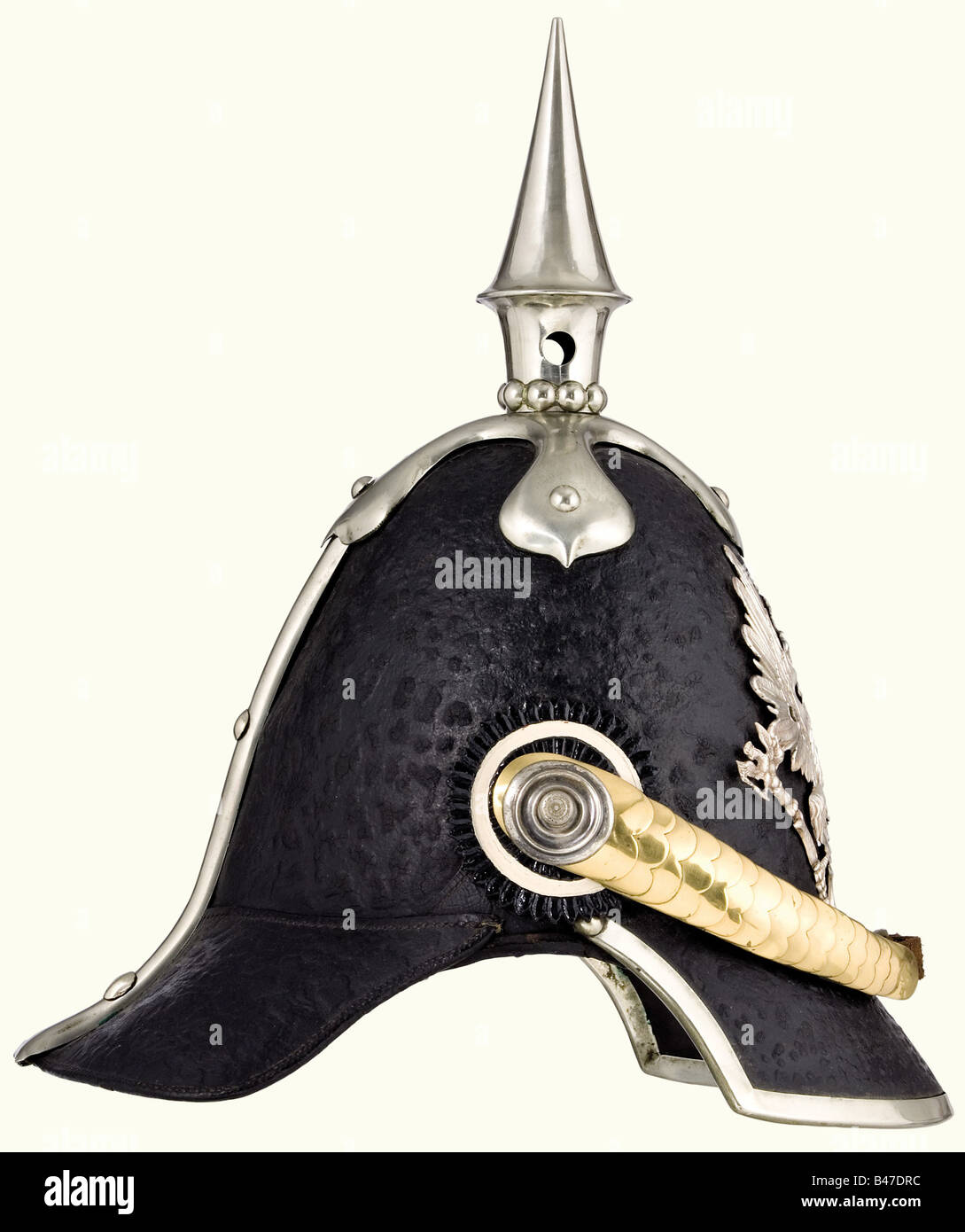 A model 1842/44 helmet for enlisted personnel, of the 1st or 3rd Pioneer Battalion. Private purchase. Leather skull, nickel-silver mountings, eagle with an oval shield bearing the cipher 'FWR' (since 1844) is attached with ring nuts. Brass metal chinscales on screws. Leather cockades in the Prussian and Imperial colours (1848 - 1853). Leather lining. Maker's label in the top. One piece of the strap attaching the metal chinscales is a restoration. Beautiful, complete contemporary helmet. Unfortunately, the lacquered surface is heavily pitted. historic, historica, Stock Photo