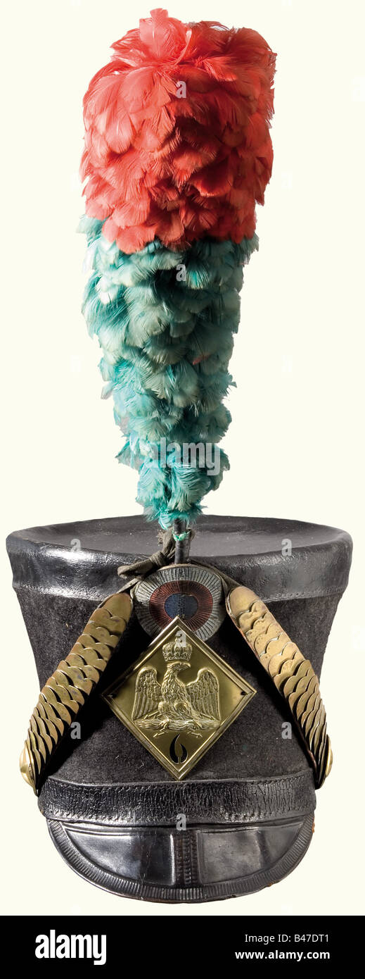 A shako for enlisted personnel of the 6th Hussar Regiment., High black felt body, regulation for 1810 . Black top, adjustable band, and tooled leather peak. Brass metal chinscales on stamped star rosettes. Diamond shaped, stamped plate, regulation for 1806. Leather cockade and red-green feather plume. Leather sweatband and linen lining. Band leather and sweatband are somewhat cracked with marks of wear. The plume has been amateurishly repaired at its lower end. historic, historical, 19th century, France, Imperial, French Empire, object, objects, stills, clippin, Stock Photo