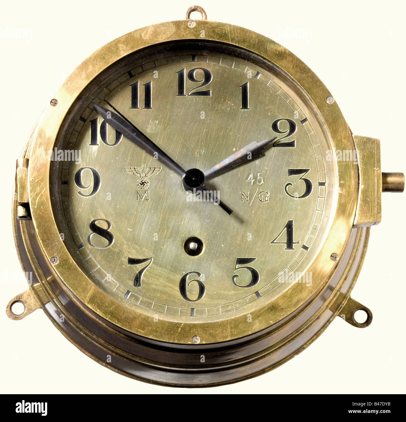 A naval ship's bulkhead clock, made by Kieninger & Obergfell. Brass